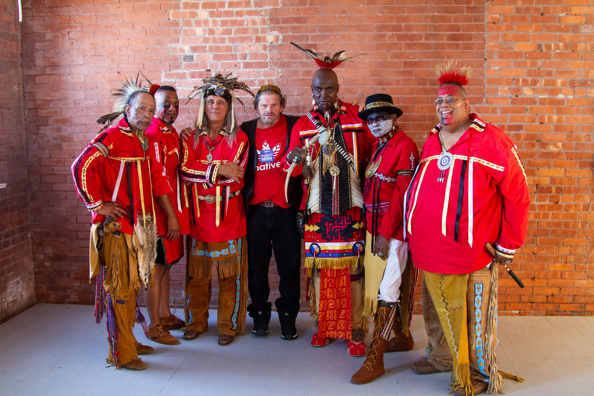 From left to right: Pawtucket resident Dean Running Deer Robinson of the Narragansett Tribe; Wayne Eagle Feather Williams of East Providence who is Seminole and Blackfoot; Danny Three Bears of North Attleboro, Mass. who is Métis; stage manager Joe Grey Badger who is of Cherokee descent; Walpole, Mass. resident Robert Two Running Elk Cox from the Pocasset Wampanoag Tribe of Pokanoket Nation, Providence resident David Gray Owl Jennings from the Pocasset Wampanoag Tribe of Pokanoket Nation; Woonsocket resident Daryl Black Eagle Jamieson from the Pocasset Wampanoag Tribe of Pokanoket Nation.