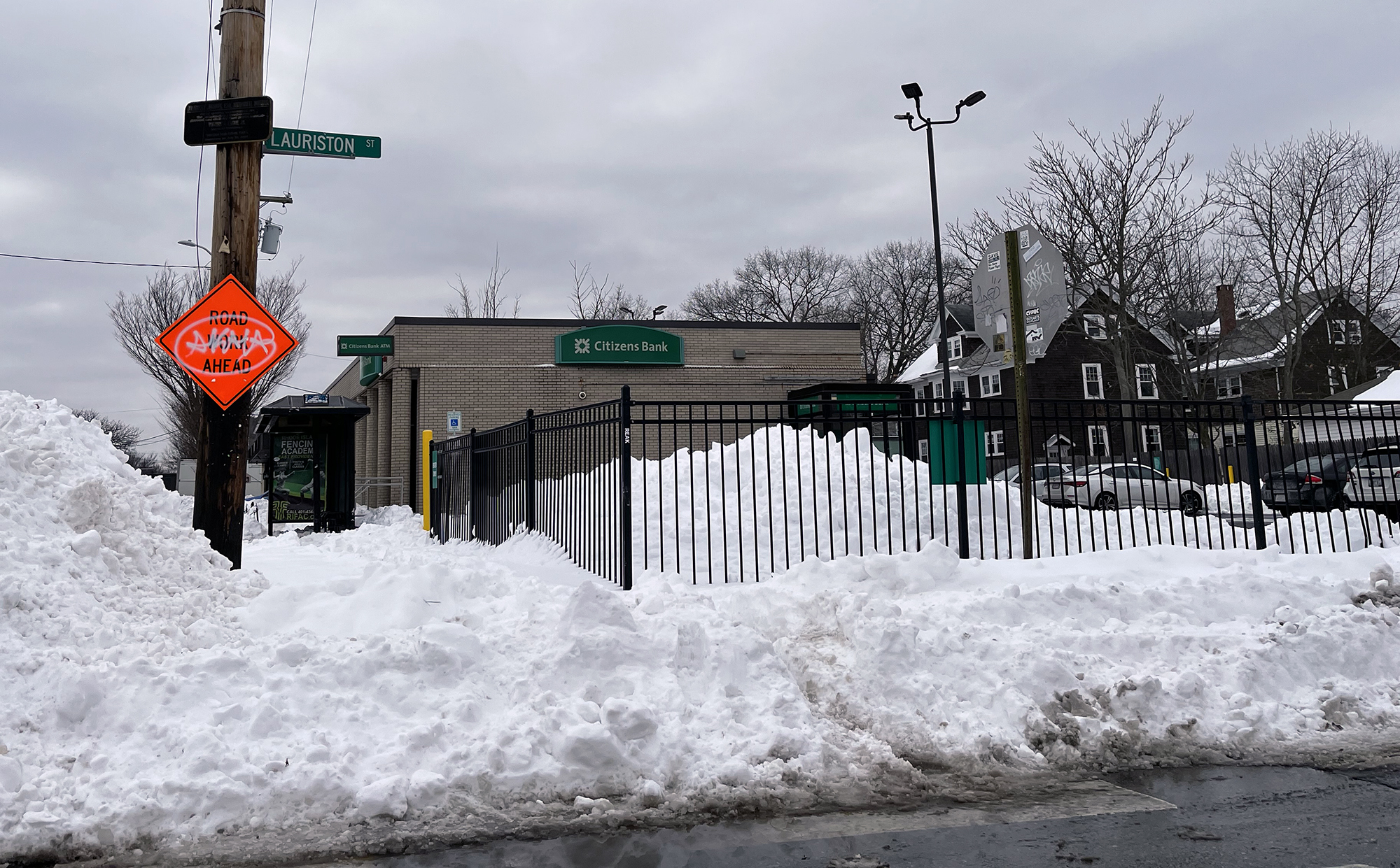 The sidewalk outside a bank on Hope Street in Providence was impassable on February 1, 2022. 