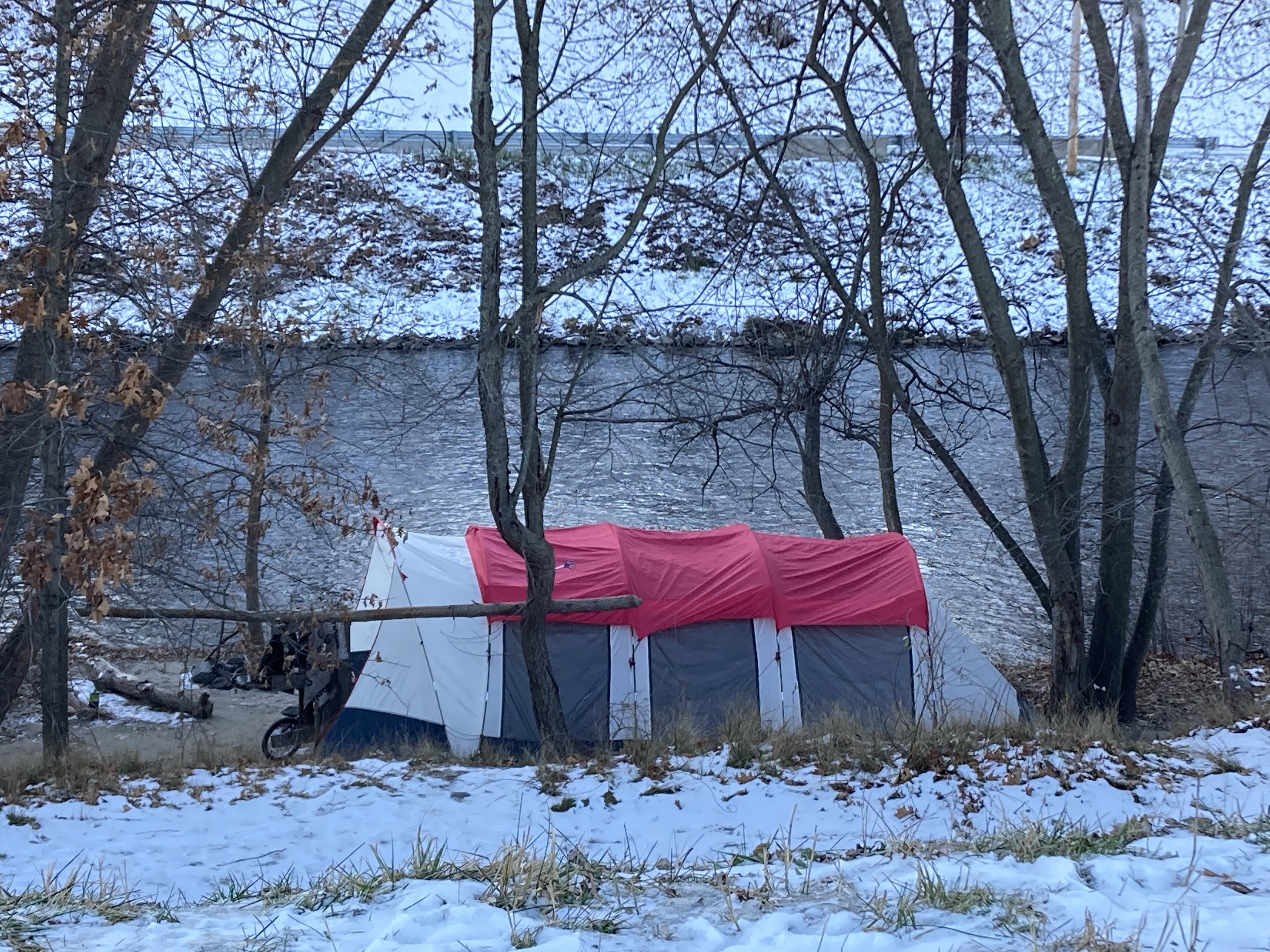 A tent encampment near the the Blackstone River in Woonsocket in December 2022.