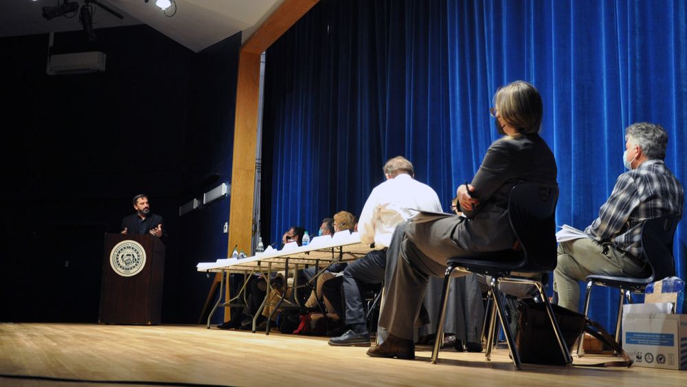 Shoreline access advocate Scott Keeley speaks at a public hearing at Chariho Middle School in Richmond, R.I., on November 19, 2021.
