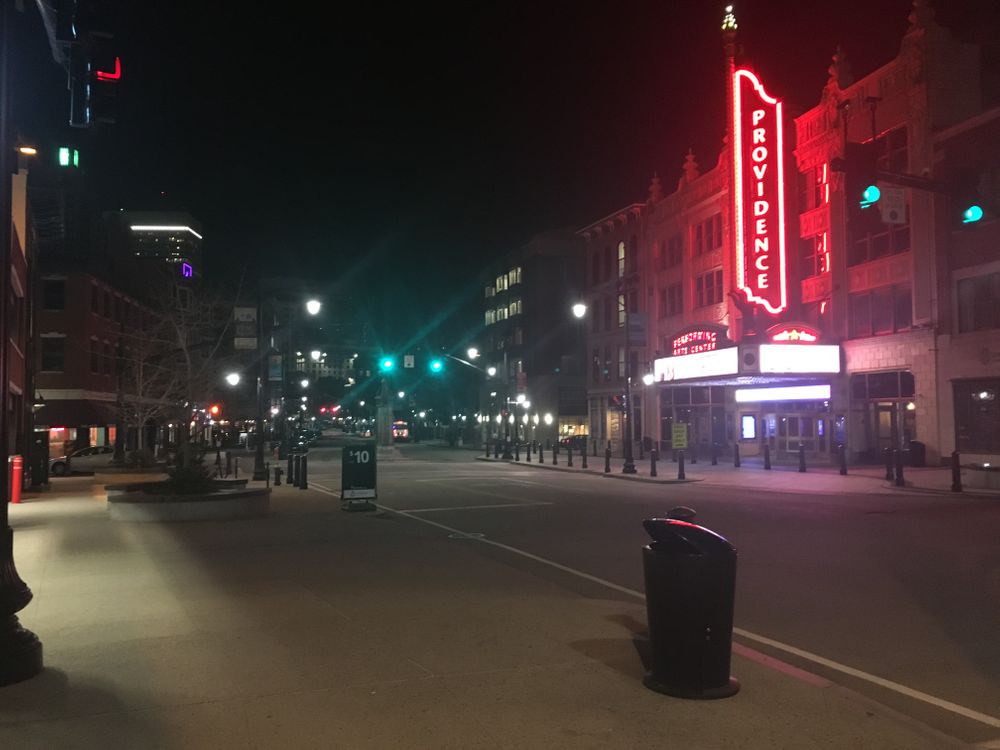 The streets in front of the Providence Performing Arts Center were deserted March 14, 2020.