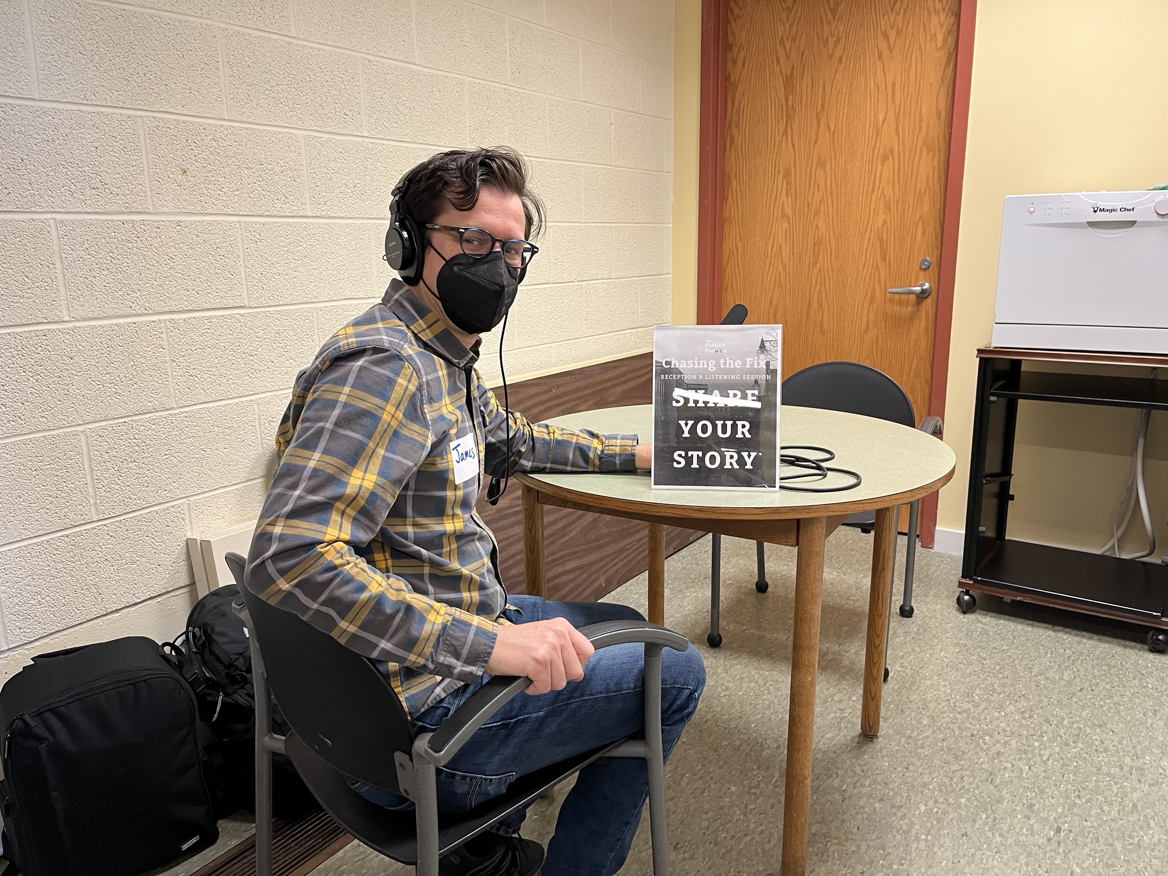 The Public’s Radio producer James Baumgartner recorded people’s stories about addiction and homelessness at an event at the Woonsocket Harris Public Library.