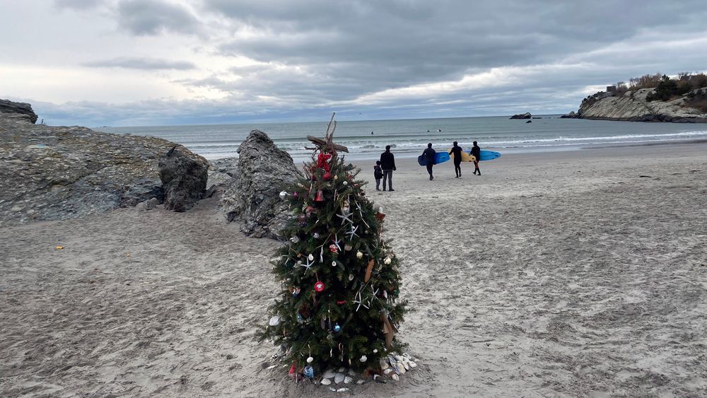 A Christmas tree stands at Surfer's End at Sachuest Beach in Middletown on Sunday morning, Dec. 19, 2021. The tree appears each year, though its origin is a mystery.