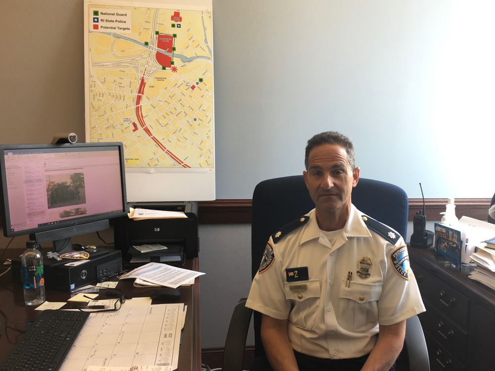 Commander Thomas Verdi in his office, with a map the Providence Police Department used to prepare for the protest on June 5th.