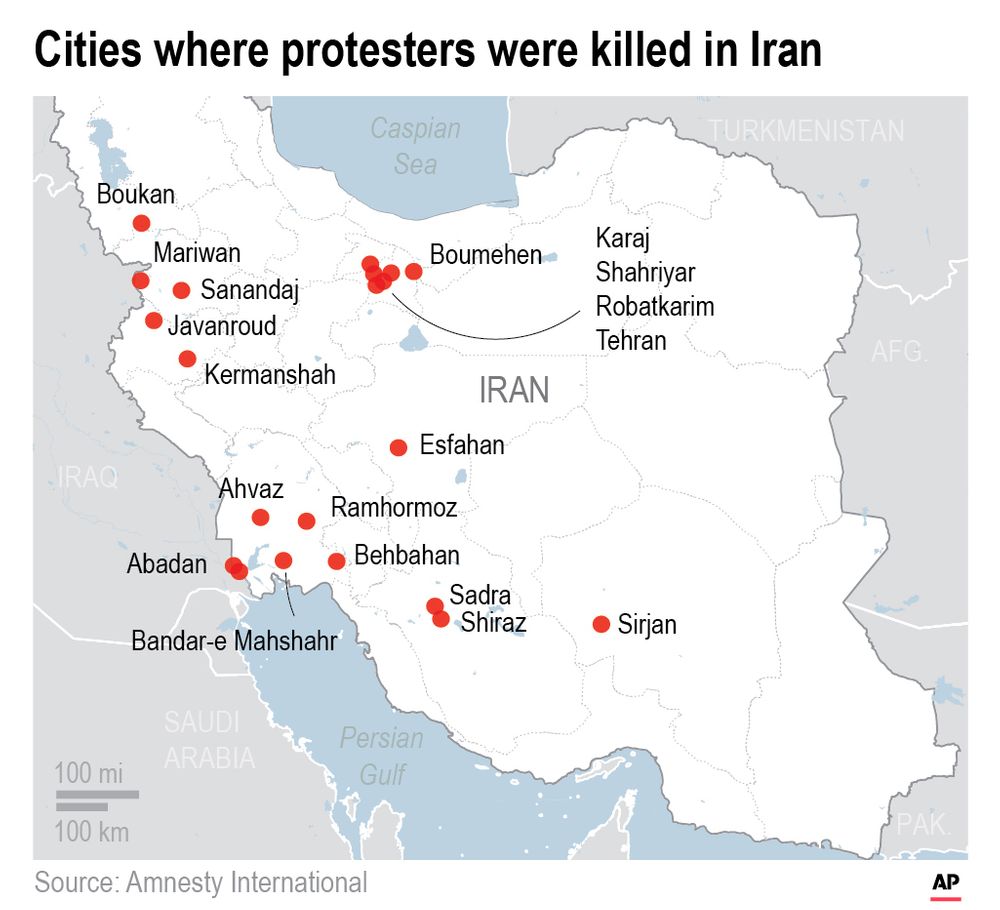 A breakdown, by city and province, of the 106 deaths reported so far to Amnesty International.; A breakdown, by city and province, of the 106 deaths reported so far to Amnesty International.;