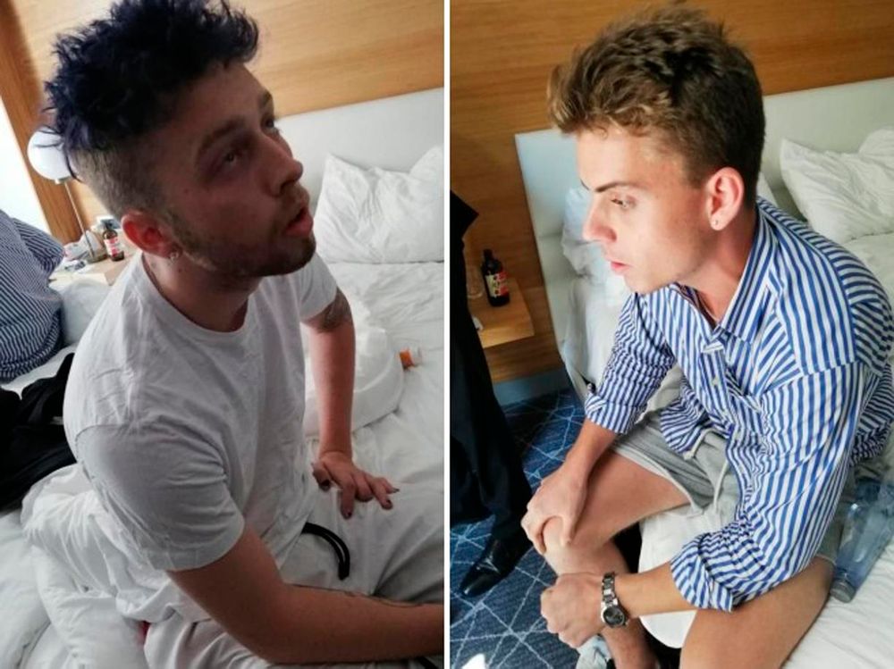 In this combo photo released by Italian Carabinieri, Gabriel Christian Natale Hjorth, right, and Finnegan Lee Elder, sit in their hotel room in Rome. Two American teenagers were jailed in Rome on Saturday as authorities carry out a murder investigation in the killing of Italian police officer Mario Cerciello Rega, 35. A detention order issued by prosecutors was shown on Italian state broadcaster RAI, naming the suspects as Gabriel Christian Natale Hjorth and Finnegan Lee Elder. (Italian Carabinieri via AP) In this combo photo released by Italian Carabinieri, Gabriel Christian Natale Hjorth, right, and Finnegan Lee Elder, sit in their hotel room in Rome. Two American teenagers were jailed in Rome on Saturday as authorities carry out a murder investigation in the killing of Italian police officer Mario Cerciello Rega, 35. A detention order issued by prosecutors was shown on Italian state broadcaster RAI, naming the suspects as Gabriel Christian Natale Hjorth and Finnegan Lee Elder. (Italian Carabinieri via AP)