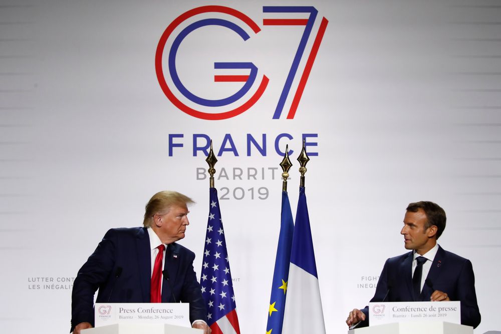 French President Emmanuel Macron and U.S President Donald Trump attend the final press conference during the G7 summit Monday, Aug. 26, 2019 in Biarritz, southwestern France. French president says he hopes for meeting between US President Trump and Iranian President Rouhani in coming weeks. (AP Photo/Francois Mori) French President Emmanuel Macron and U.S President Donald Trump attend the final press conference during the G7 summit Monday, Aug. 26, 2019 in Biarritz, southwestern France. French president says he hopes for meeting between US President Trump and Iranian President Rouhani in coming weeks. (AP Photo/Francois Mori)