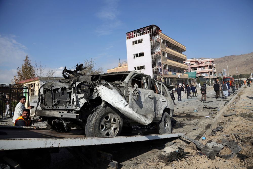 Afghan security personnel remove a damaged vehicle after a car bomb attack in Kabul, Afghanistan, Wednesday, Nov. 13, 2019. A car bomb detonated in the Afghan capital of Kabul during Wednesday's morning commute, killing several people, officials said. (AP Photo/Rahmat Gul) Afghan security personnel remove a damaged vehicle after a car bomb attack in Kabul, Afghanistan, Wednesday, Nov. 13, 2019. A car bomb detonated in the Afghan capital of Kabul during Wednesday's morning commute, killing several people, officials said. (AP Photo/Rahmat Gul)