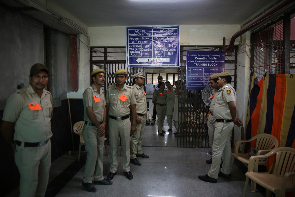 Indian policemen stand guard as counting votes of India's massive general elections begins in New Delhi, India, Thursday, May 23, 2019. The count is expected to conclude by the evening, with strong trends visible by midday. (AP Photo/Manish Swarup) Indian policemen stand guard as counting votes of India's massive general elections begins in New Delhi, India, Thursday, May 23, 2019. The count is expected to conclude by the evening, with strong trends visible by midday. (AP Photo/Manish Swarup)