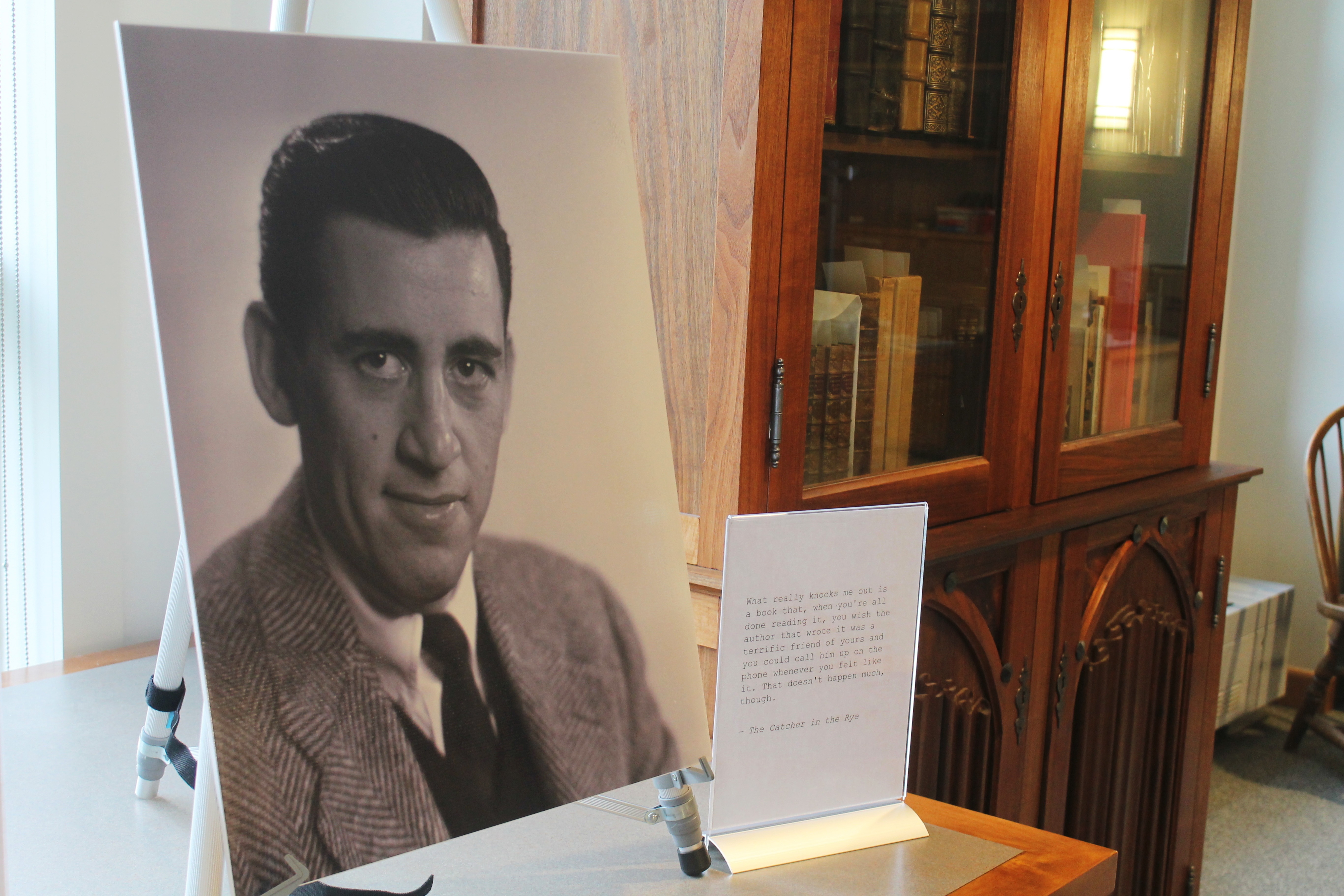 A previously unseen photo of author J.D. Salinger is displayed at the University of New Hampshire in Durham, N.H., on Tuesday, Jan. 22, 2019. The photos taken for the book jacket of Salinger's 1951 novel, A previously unseen photo of author J.D. Salinger is displayed at the University of New Hampshire in Durham, N.H., on Tuesday, Jan. 22, 2019. The photos taken for the book jacket of Salinger's 1951 novel,