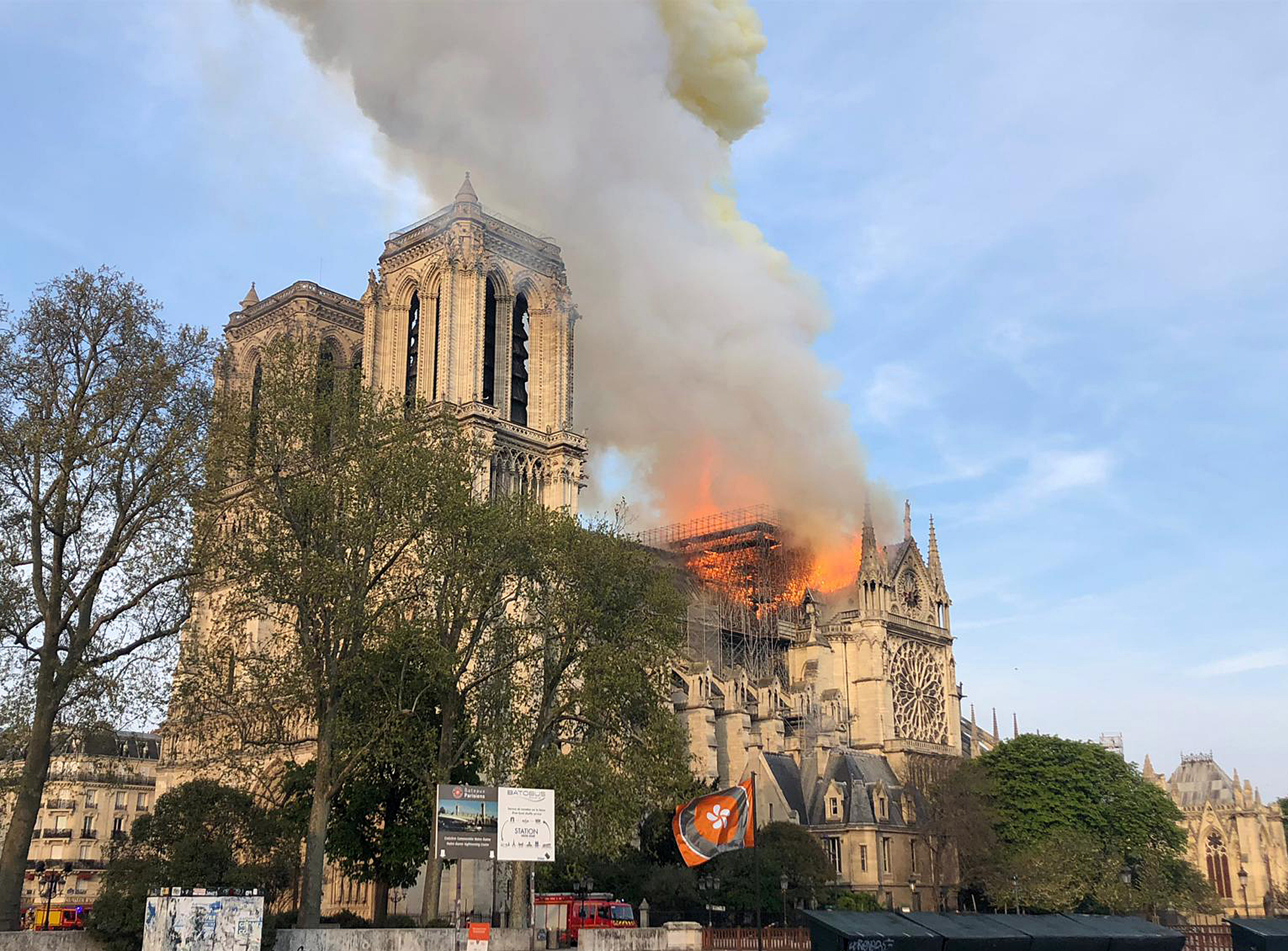 Notre Dame cathedral is burning in Paris, Monday, April 15, 2019. Massive plumes of yellow brown smoke is filling the air above Notre Dame Cathedral and ash is falling on tourists and others around the island that marks the center of Paris. (AP Photo) Notre Dame cathedral is burning in Paris, Monday, April 15, 2019. Massive plumes of yellow brown smoke is filling the air above Notre Dame Cathedral and ash is falling on tourists and others around the island that marks the center of Paris. (AP Photo)