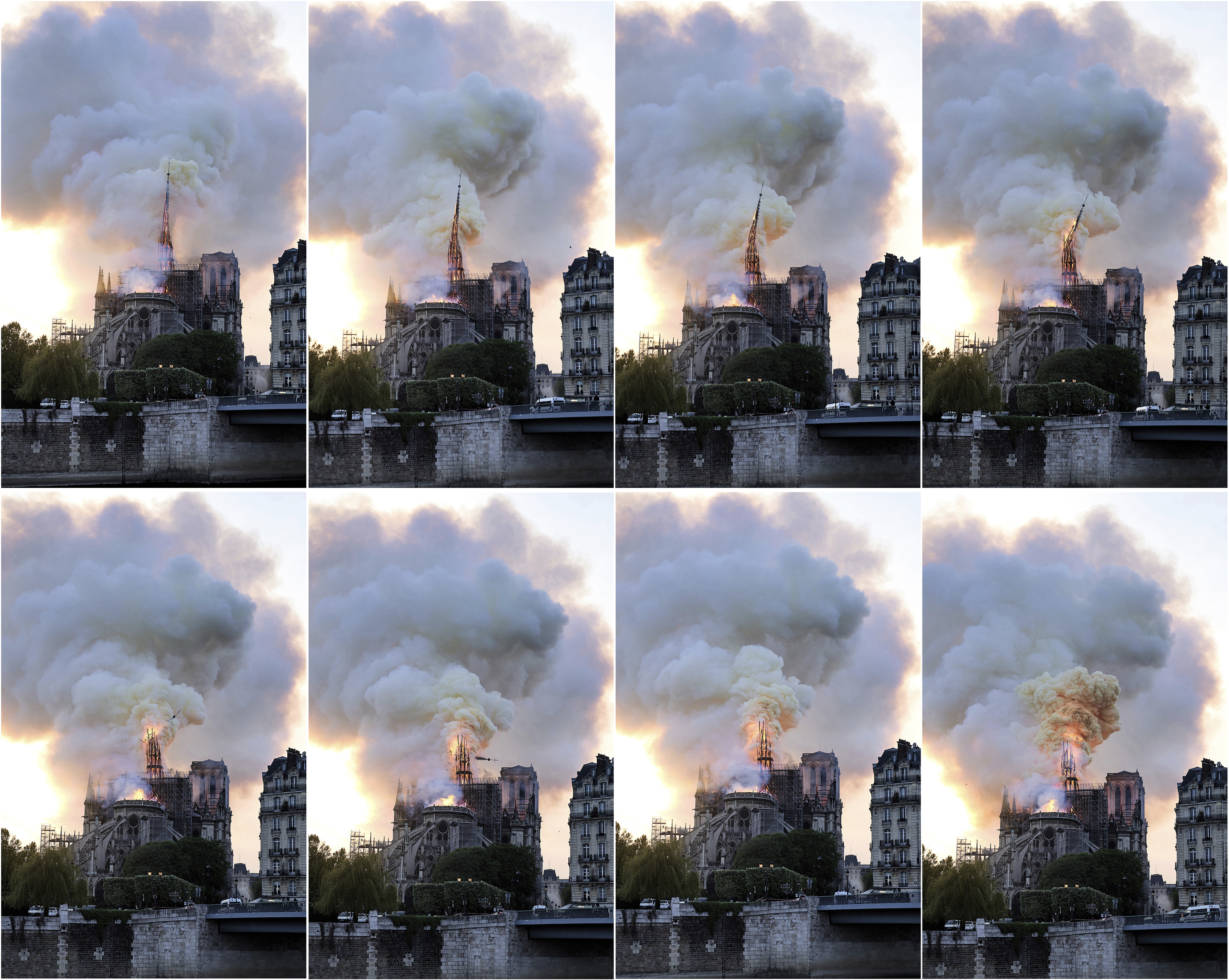 In this combination of photos, flames and smoke rise as the spire on the Notre Dame Cathedral collapses during a fire in Paris, Monday, April 15, 2019. (AP Photo/Diana Ayanna) In this combination of photos, flames and smoke rise as the spire on the Notre Dame Cathedral collapses during a fire in Paris, Monday, April 15, 2019. (AP Photo/Diana Ayanna)