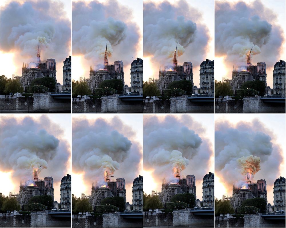 In this combination of photos, flames and smoke rise as the spire on the Notre Dame Cathedral collapses during a fire in Paris, Monday, April 15, 2019. (AP Photo/Diana Ayanna) In this combination of photos, flames and smoke rise as the spire on the Notre Dame Cathedral collapses during a fire in Paris, Monday, April 15, 2019. (AP Photo/Diana Ayanna)