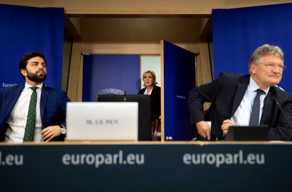 French far-right National Rally leader and MEP Marine Le Pen, center, arrives to a media conference to announce the formation of a new far-right European Parliament group at the European Parliament in Brussels, Thursday, June 13, 2019. (AP Photo/Virginia Mayo) French far-right National Rally leader and MEP Marine Le Pen, center, arrives to a media conference to announce the formation of a new far-right European Parliament group at the European Parliament in Brussels, Thursday, June 13, 2019. (AP Photo/Virginia Mayo)