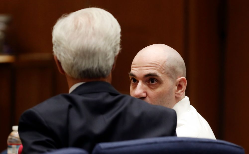 Michael Gargiulo, right, talks to his attorney Daniel Nardoni during a court appearance Tuesday, Aug. 6, 2019, in Los Angeles. Closing arguments started Tuesday in the trial of an air conditioning repairman charged with killing two Southern California women and attempting to kill a third. (Lucy Nicholson, Pool Photo via AP) Michael Gargiulo, right, talks to his attorney Daniel Nardoni during a court appearance Tuesday, Aug. 6, 2019, in Los Angeles. Closing arguments started Tuesday in the trial of an air conditioning repairman charged with killing two Southern California women and attempting to kill a third. (Lucy Nicholson, Pool Photo via AP)