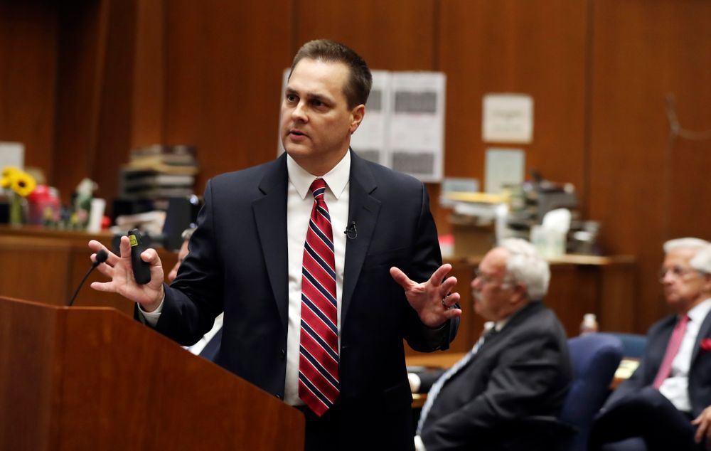 Deputy District Attorney Garrett Dameron presents closing arguments in the People vs. Michael Gargiulo trial Tuesday, Aug. 6, 2019, in Los Angeles. Closing arguments started Tuesday in the trial of an air conditioning repairman charged with killing two Southern California women and attempting to kill a third. (Lucy Nicholson, Pool Photo via AP) Deputy District Attorney Garrett Dameron presents closing arguments in the People vs. Michael Gargiulo trial Tuesday, Aug. 6, 2019, in Los Angeles. Closing arguments started Tuesday in the trial of an air conditioning repairman charged with killing two Southern California women and attempting to kill a third. (Lucy Nicholson, Pool Photo via AP)