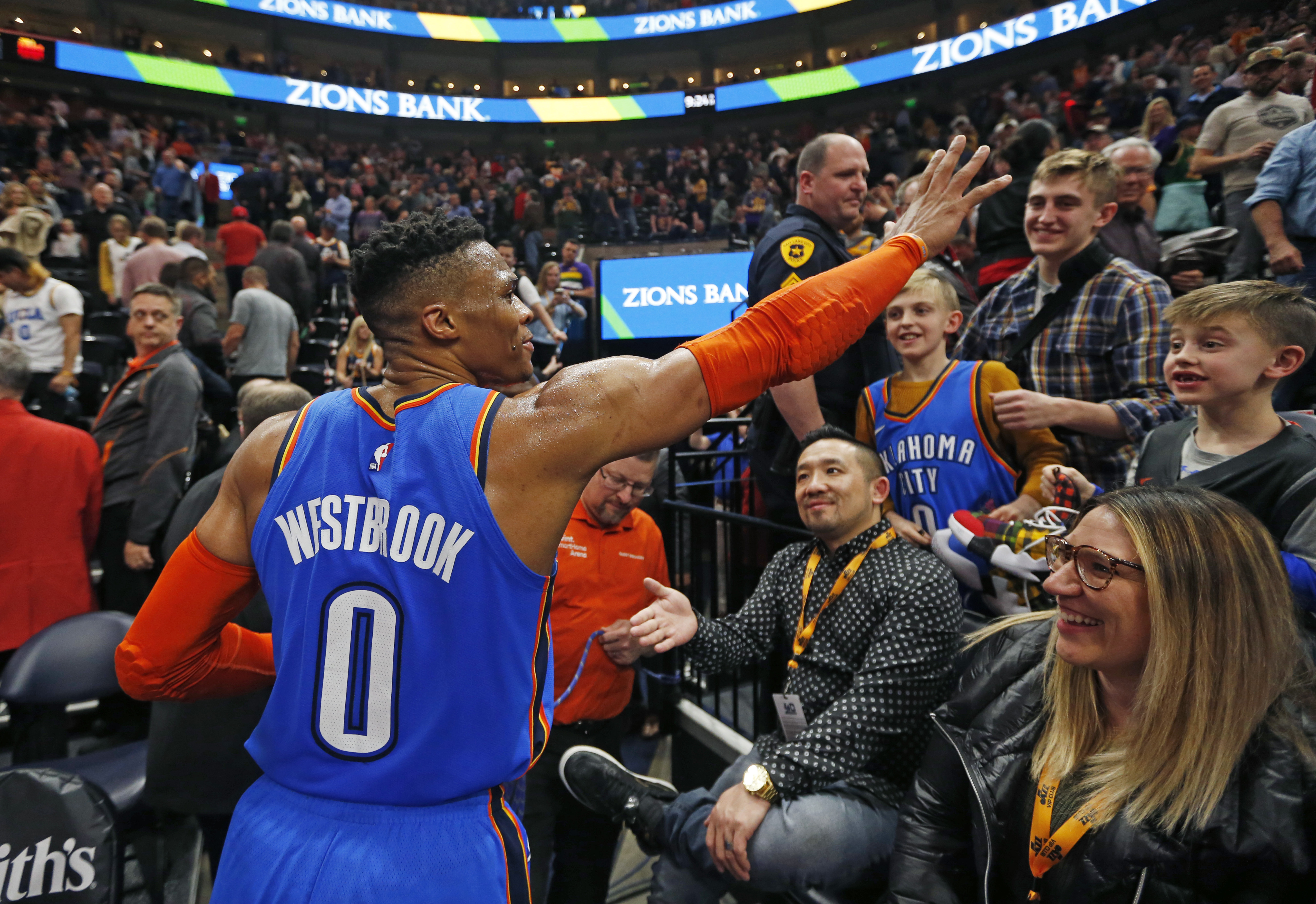 CORRECTS DATELINE TO SALT LAKE CITY INSTEAD OF KEARNS, UTAH - Oklahoma City Thunder guard Russell Westbrook (0) waves to the crowd as he leaves the court following an NBA basketball game against the Utah Jazz, Monday, March 11, 2019, in Salt Lake City. (AP Photo/Rick Bowmer) CORRECTS DATELINE TO SALT LAKE CITY INSTEAD OF KEARNS, UTAH - Oklahoma City Thunder guard Russell Westbrook (0) waves to the crowd as he leaves the court following an NBA basketball game against the Utah Jazz, Monday, March 11, 2019, in Salt Lake City. (AP Photo/Rick Bowmer)
