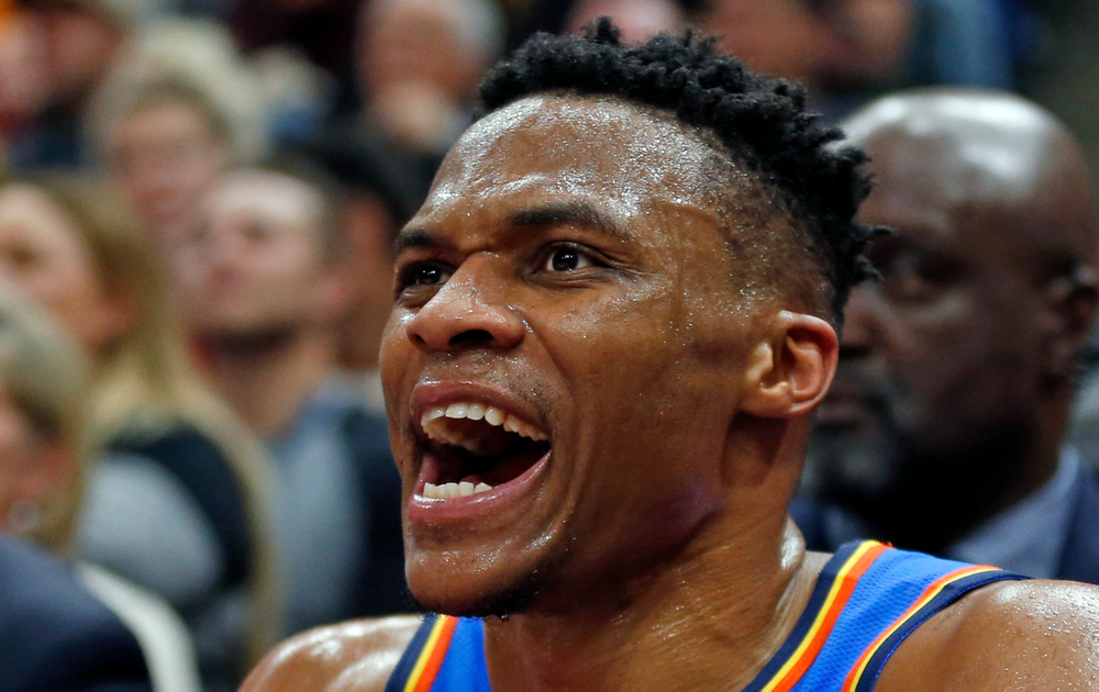 CORRECTS DATELINE TO SALT LAKE CITY INSTEAD OF KEARNS, UTAH - Oklahoma City Thunder guard Russell Westbrook (0) shouts to his team in the second half during an NBA basketball game against the Utah Jazz, Monday, March 11, 2019, in Salt Lake City. (AP Photo/Rick Bowmer) CORRECTS DATELINE TO SALT LAKE CITY INSTEAD OF KEARNS, UTAH - Oklahoma City Thunder guard Russell Westbrook (0) shouts to his team in the second half during an NBA basketball game against the Utah Jazz, Monday, March 11, 2019, in Salt Lake City. (AP Photo/Rick Bowmer)