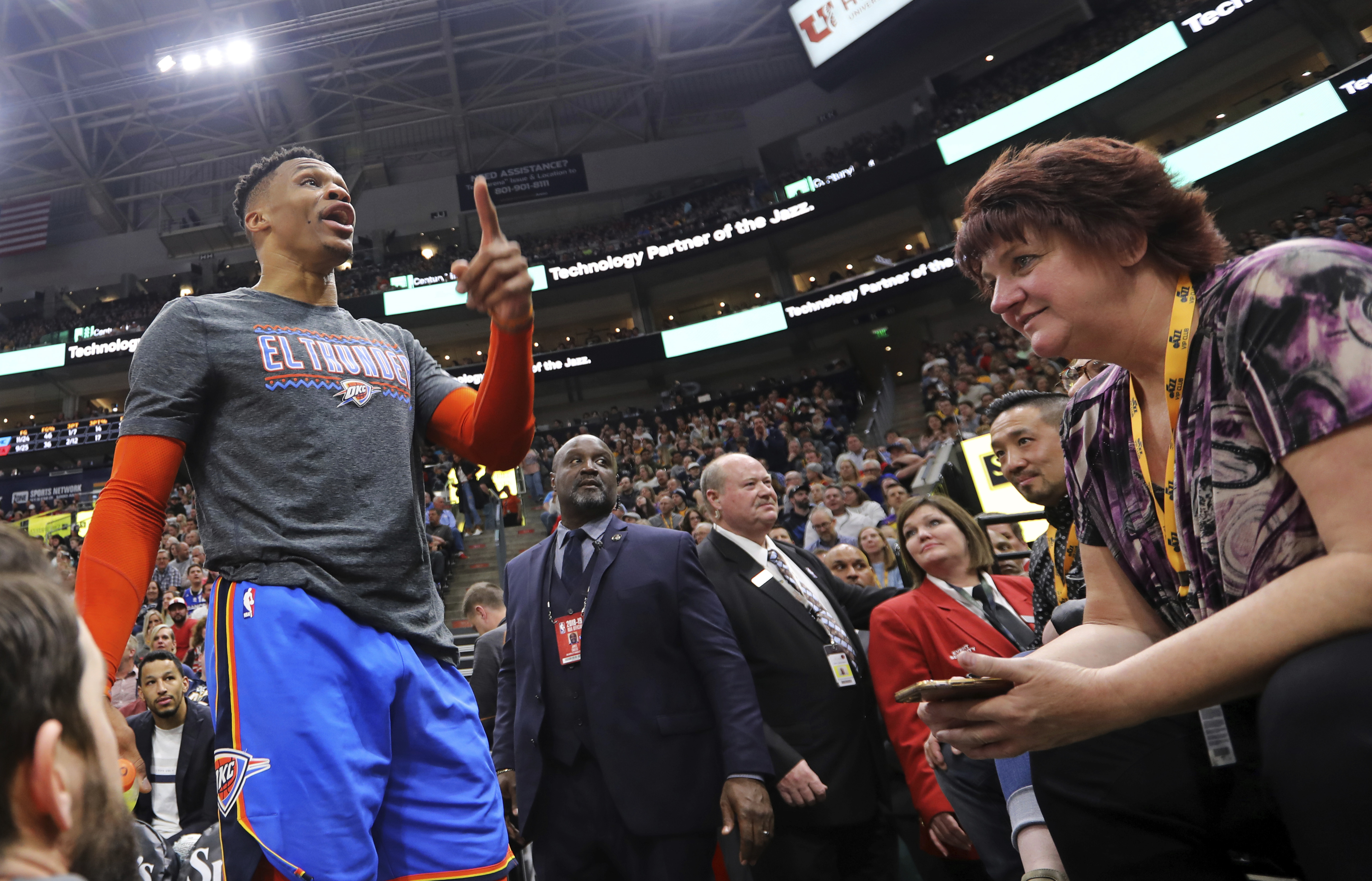 Oklahoma City Thunder's Russell Westbrook gets into a heated verbal altercation with fans in the first half of an NBA basketball game against the Utah Jazz, Monday, March 11, 2019, in Salt Lake City. (AP Photo/Rick Bowmer) Oklahoma City Thunder's Russell Westbrook gets into a heated verbal altercation with fans in the first half of an NBA basketball game against the Utah Jazz, Monday, March 11, 2019, in Salt Lake City. (AP Photo/Rick Bowmer)