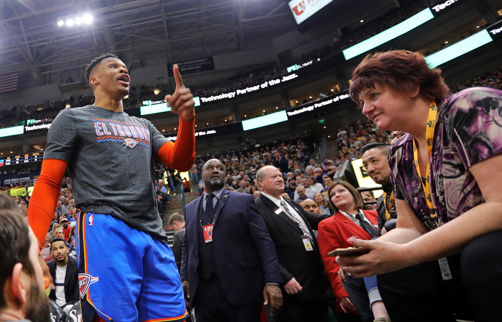 Oklahoma City Thunder's Russell Westbrook gets into a heated verbal altercation with fans in the first half of an NBA basketball game against the Utah Jazz, Monday, March 11, 2019, in Salt Lake City. (AP Photo/Rick Bowmer) Oklahoma City Thunder's Russell Westbrook gets into a heated verbal altercation with fans in the first half of an NBA basketball game against the Utah Jazz, Monday, March 11, 2019, in Salt Lake City. (AP Photo/Rick Bowmer)