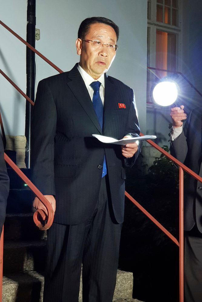 In this Oct. 5, 2019 FILE photo, North Korean negotiator, Kim Miyong Gil speaks outside the North Korean Embassy in Stockholm, Sweden, Saturday, Oct. 5, 2019. North Korea is calling an outside condemnation of its weapons launches a In this Oct. 5, 2019 FILE photo, North Korean negotiator, Kim Miyong Gil speaks outside the North Korean Embassy in Stockholm, Sweden, Saturday, Oct. 5, 2019. North Korea is calling an outside condemnation of its weapons launches a