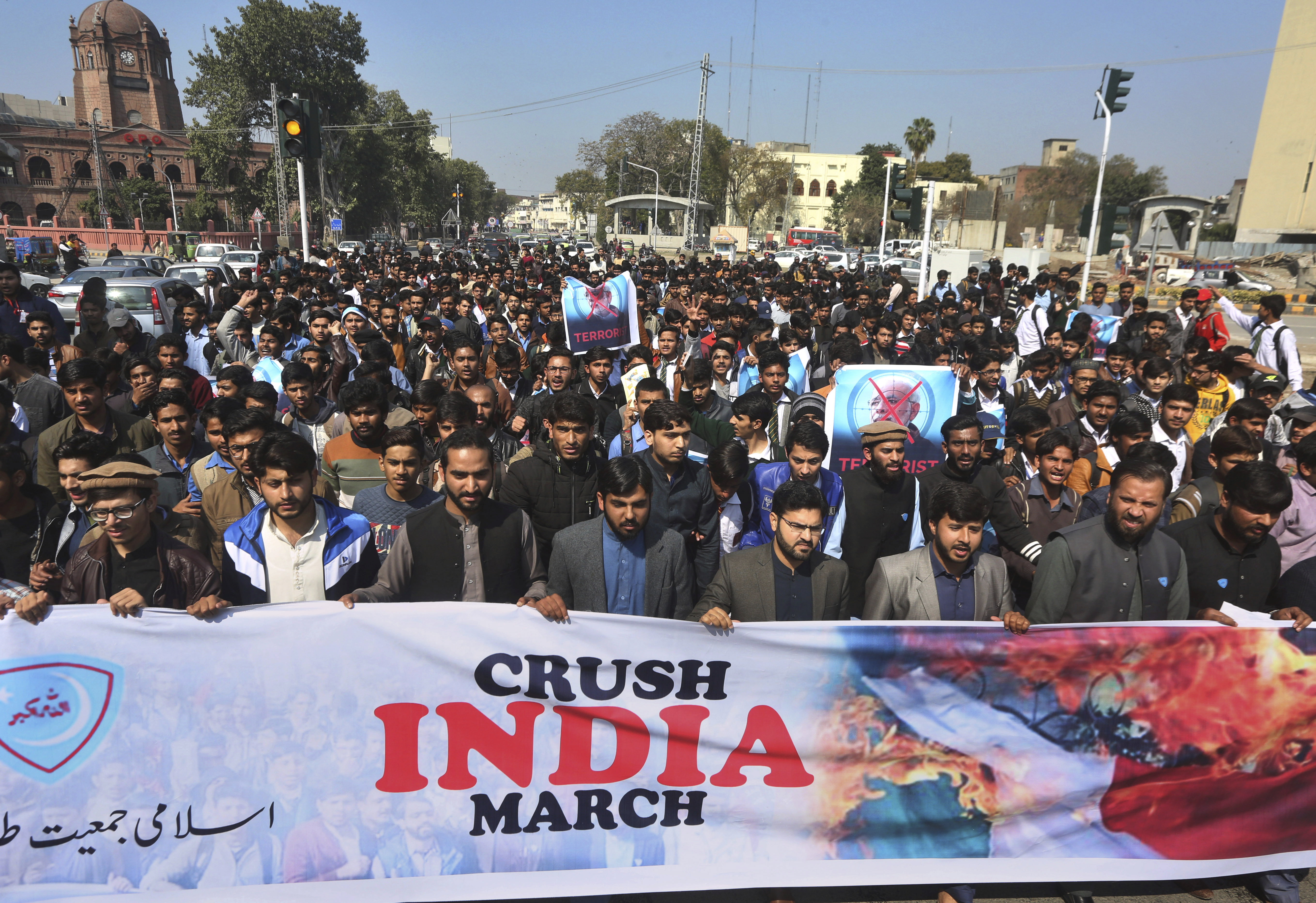 Supporters of a Pakistani religious group Islami Jamiat-e-Talaba hold a rally against India, Wednesday, Feb. 27, 2019. Pakistan's air force shot down two Indian warplanes after they crossed the boundary between the two nuclear-armed rivals in the disputed territory of Kashmir on Wednesday and captured one Indian pilot, a military spokesman said. (AP Photo/K.M. Chaudary) Supporters of a Pakistani religious group Islami Jamiat-e-Talaba hold a rally against India, Wednesday, Feb. 27, 2019. Pakistan's air force shot down two Indian warplanes after they crossed the boundary between the two nuclear-armed rivals in the disputed territory of Kashmir on Wednesday and captured one Indian pilot, a military spokesman said. (AP Photo/K.M. Chaudary)