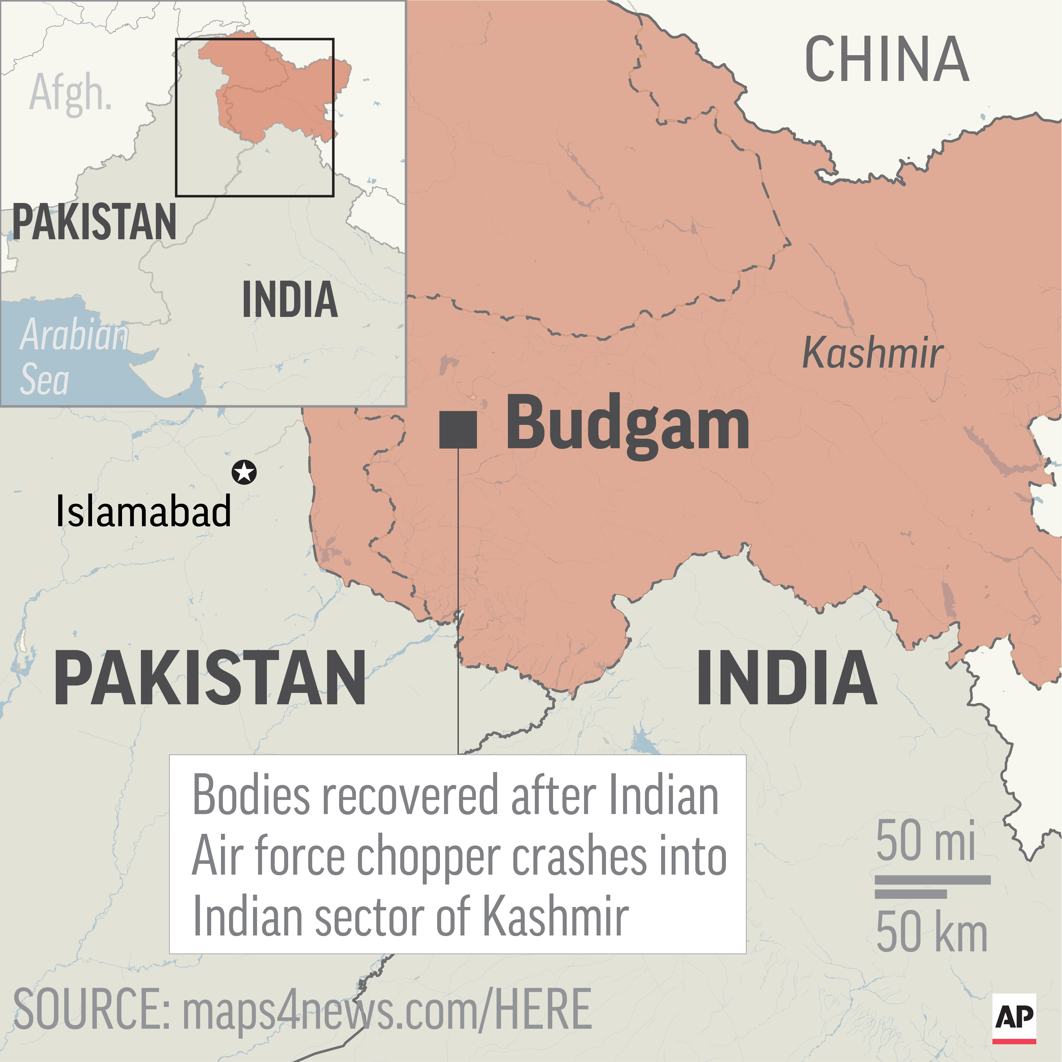 Map locates Budgam in Kashmmir, where bodies were recovered after an Indian air force helicopter crashed; 2c x 3 inches; 96.3 mm x 76 mm; Map locates Budgam in Kashmmir, where bodies were recovered after an Indian air force helicopter crashed; 2c x 3 inches; 96.3 mm x 76 mm;