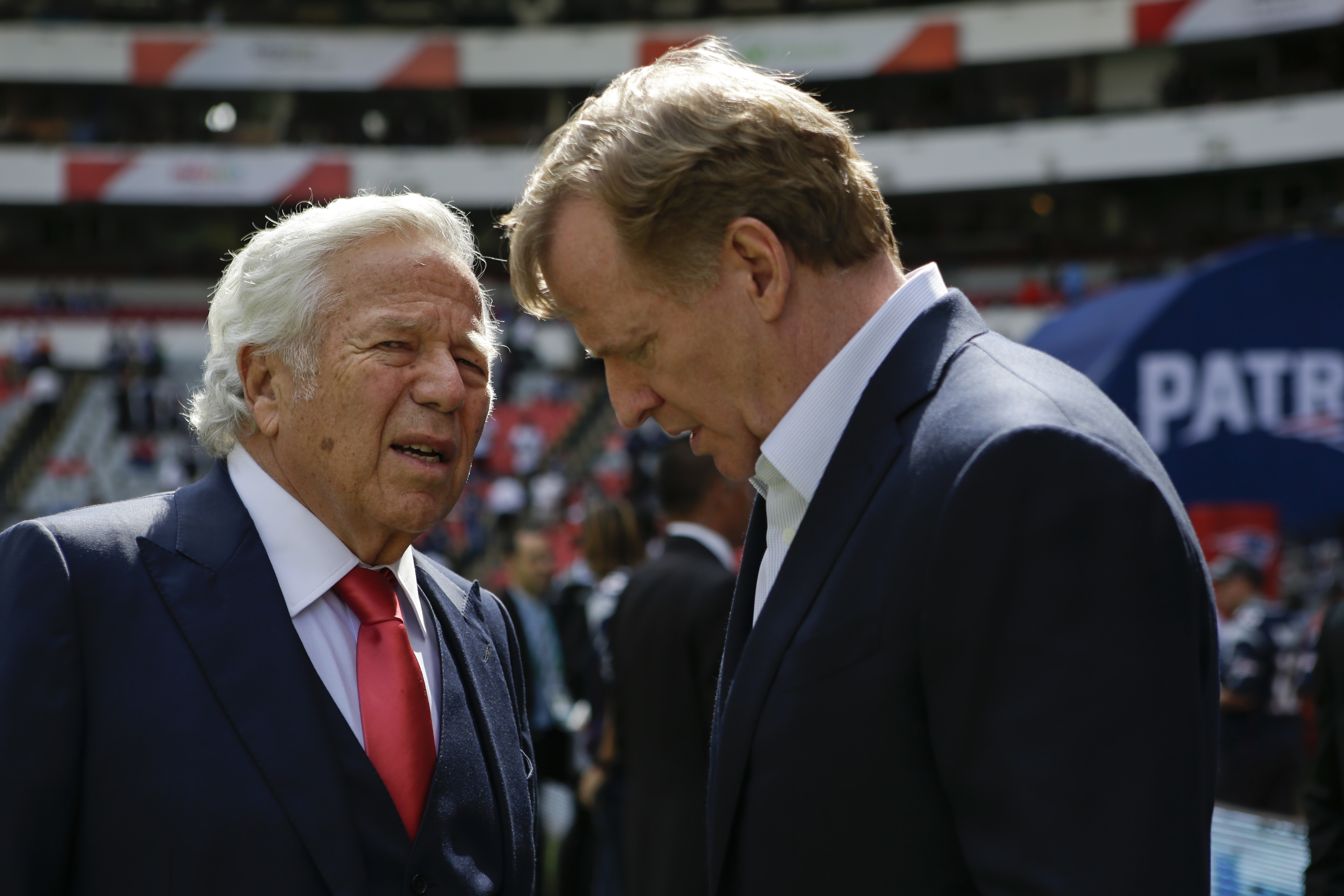 FILE - In this Nov. 19, 2017, file photo, NFL Commissioner Roger Goodell, right, talks with New England Patriots owner Robert Kraft before the Patriots face the Oakland Raiders in an NFL football game in Mexico City. Pending the completion of police investigations in Florida, and likely a league probe as well, Goodell could punish Kraft for being charged with two counts of soliciting a prostitute. The 77-year-old Kraft was twice videotaped in a sex act at a shopping-center massage parlor in Florida, police said Friday, Feb. 22, 2019. (AP Photo/Rebecca Blackwell, File) FILE - In this Nov. 19, 2017, file photo, NFL Commissioner Roger Goodell, right, talks with New England Patriots owner Robert Kraft before the Patriots face the Oakland Raiders in an NFL football game in Mexico City. Pending the completion of police investigations in Florida, and likely a league probe as well, Goodell could punish Kraft for being charged with two counts of soliciting a prostitute. The 77-year-old Kraft was twice videotaped in a sex act at a shopping-center massage parlor in Florida, police said Friday, Feb. 22, 2019. (AP Photo/Rebecca Blackwell, File)