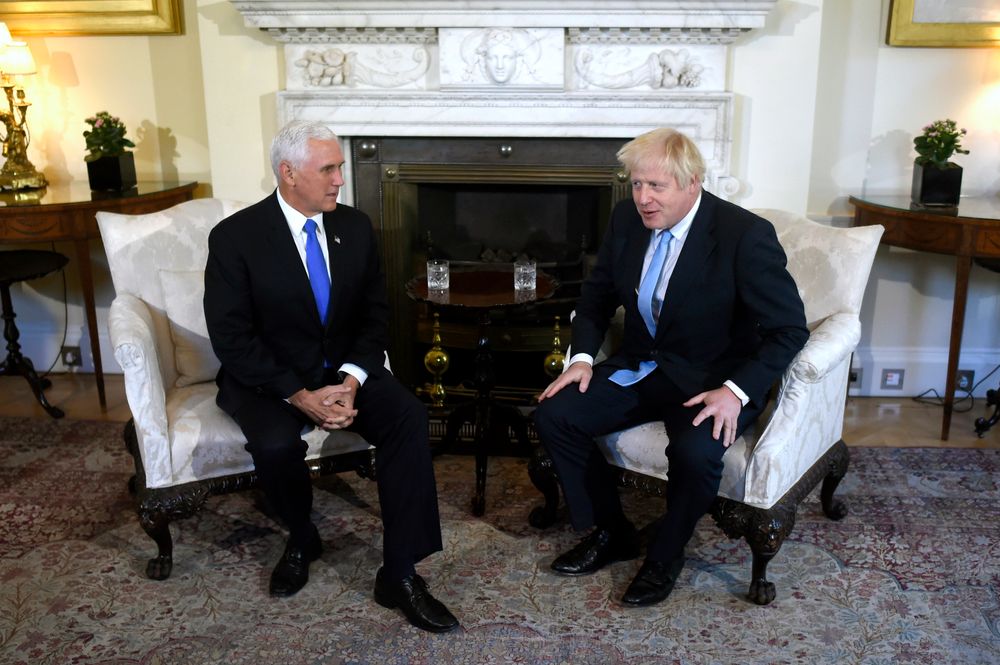 Britain's Prime Minister Boris Johnson, right, meets with US Vice President Mike Pence inside 10 Downing Street in London, Thursday, Sept. 5, 2019. (Peter Summers/Pool photos via AP) Britain's Prime Minister Boris Johnson, right, meets with US Vice President Mike Pence inside 10 Downing Street in London, Thursday, Sept. 5, 2019. (Peter Summers/Pool photos via AP)