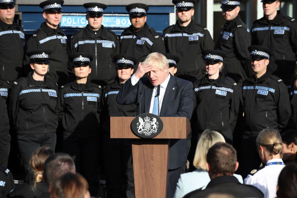 Britain's Prime Minister Boris Johnson makes a speech to police during a visit to West Yorkshire in England, Thursday, Sept. 5, 2019. Prime Minister Boris Johnson kept up his push Thursday for an early general election as a way to break Britain's Brexit impasse, as lawmakers moved to stop the U.K. leaving the European Union next month without a divorce deal. (Danny Lawson/PA via AP) Britain's Prime Minister Boris Johnson makes a speech to police during a visit to West Yorkshire in England, Thursday, Sept. 5, 2019. Prime Minister Boris Johnson kept up his push Thursday for an early general election as a way to break Britain's Brexit impasse, as lawmakers moved to stop the U.K. leaving the European Union next month without a divorce deal. (Danny Lawson/PA via AP)
