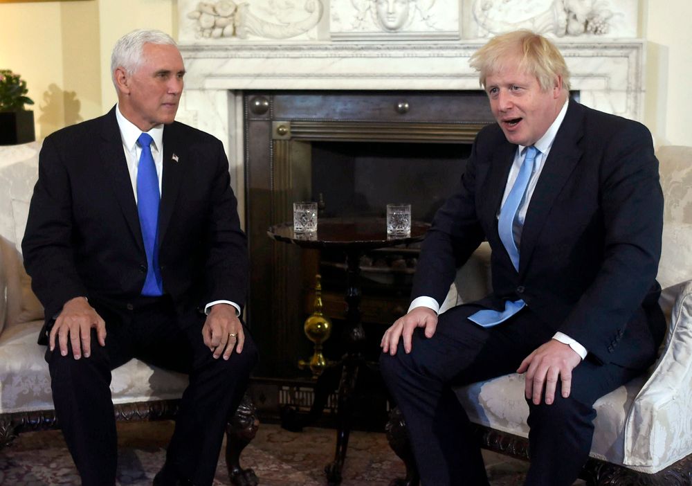 Britain's Prime Minister Boris Johnson, right, meets with US Vice President Mike Pence inside 10 Downing Street in London, Thursday, Sept. 5, 2019. (Peter Summers/Pool photos via AP) Britain's Prime Minister Boris Johnson, right, meets with US Vice President Mike Pence inside 10 Downing Street in London, Thursday, Sept. 5, 2019. (Peter Summers/Pool photos via AP)
