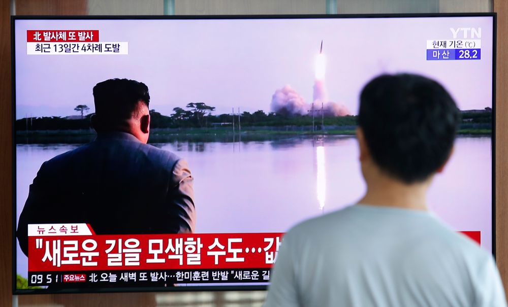 A man watches a TV showing a file image of a North Korea's missile launch during a news program at the Seoul Railway Station in Seoul, South Korea, Tuesday, Aug. 6, 2019. North Korea on Tuesday continued to ramp up its weapons demonstrations by firing unidentified projectiles twice into the sea while lashing out at the United States and South Korea for continuing their joint military exercises that the North says could derail fragile nuclear diplomacy. The sign reads A man watches a TV showing a file image of a North Korea's missile launch during a news program at the Seoul Railway Station in Seoul, South Korea, Tuesday, Aug. 6, 2019. North Korea on Tuesday continued to ramp up its weapons demonstrations by firing unidentified projectiles twice into the sea while lashing out at the United States and South Korea for continuing their joint military exercises that the North says could derail fragile nuclear diplomacy. The sign reads