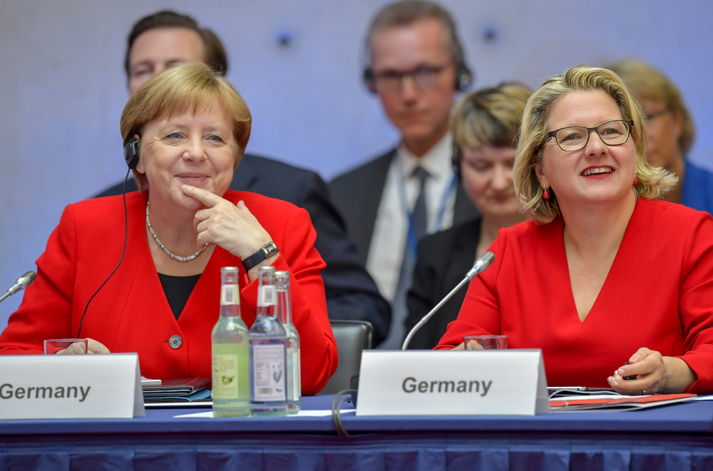 German Chancellor Angela Merkel, left, and German Environment Minister Svenja Schulze attend the 10th Petersberger Klimadialog climate conference in Berlin, Germany, Tuesday, May 14, 2019. (Tobias Schwarz/Pool via AP) German Chancellor Angela Merkel, left, and German Environment Minister Svenja Schulze attend the 10th Petersberger Klimadialog climate conference in Berlin, Germany, Tuesday, May 14, 2019. (Tobias Schwarz/Pool via AP)