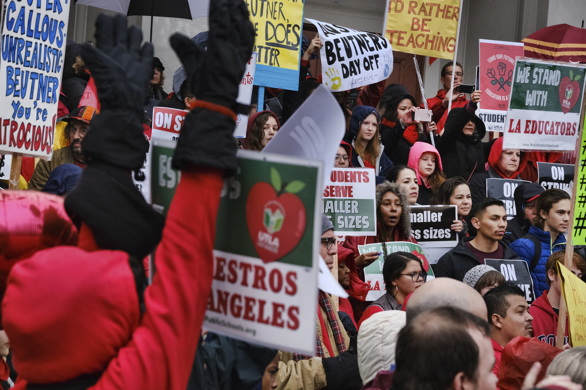 Teachers and students rally in the steps in front of Hamilton High School, Wednesday, Jan. 16, 2019, in Los Angeles, during a citywide teacher strike. (AP Photo/Richard Vogel) Teachers and students rally in the steps in front of Hamilton High School, Wednesday, Jan. 16, 2019, in Los Angeles, during a citywide teacher strike. (AP Photo/Richard Vogel)