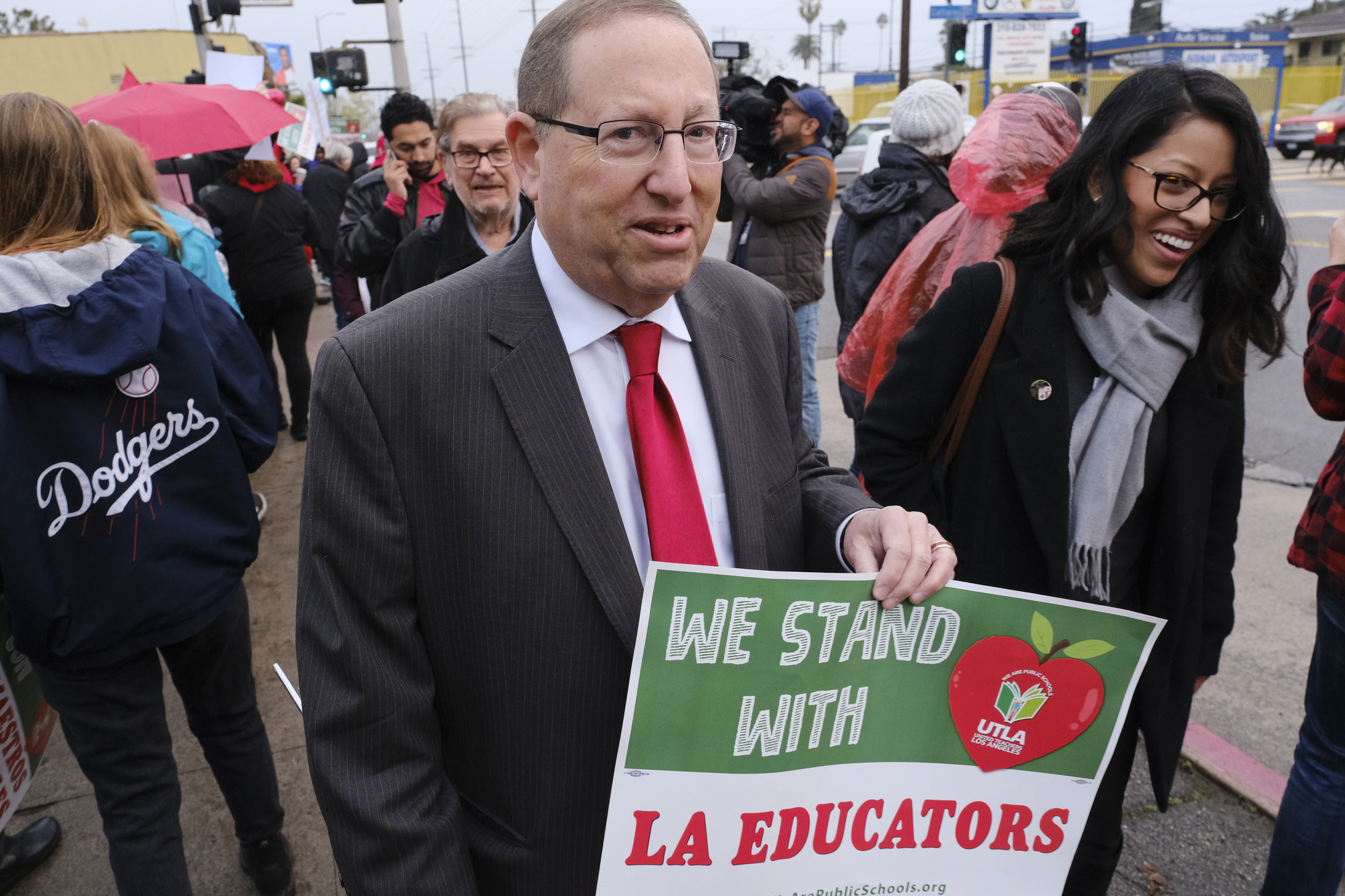 Los Angeles City Councilman Paul Koretz walk with teachers, parents and students as they picket in front of Hamilton High School, Wednesday, Jan. 16, 2019, in Los Angeles, during a citywide teacher strike. (AP Photo/Richard Vogel) Los Angeles City Councilman Paul Koretz walk with teachers, parents and students as they picket in front of Hamilton High School, Wednesday, Jan. 16, 2019, in Los Angeles, during a citywide teacher strike. (AP Photo/Richard Vogel)