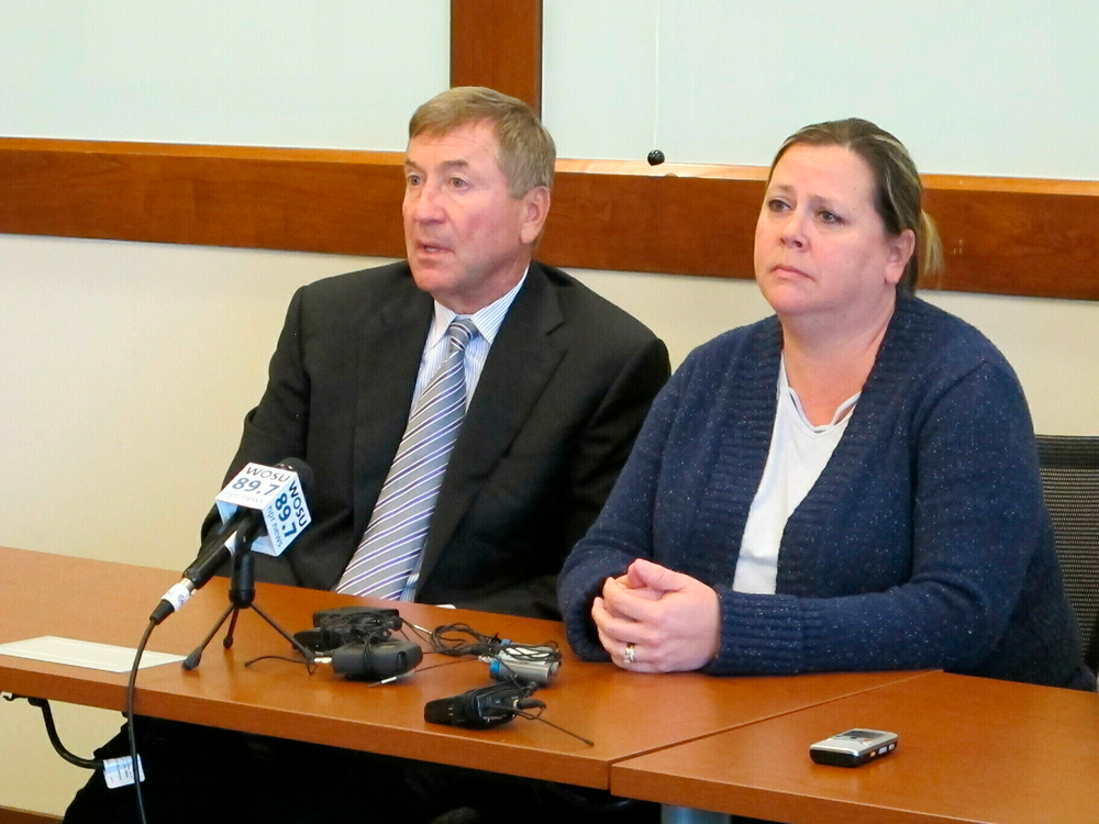 Amy Pfaff, right, and her attorney, Gerry Leeseberg, discuss the murder charges brought against William Husel, the doctor accused of deliberately ordering painkiller overdoses for Pfaff's mother and two dozen other hospital patients who died, during a news conference Wednesday, June 5, 2019, in Columbus, Ohio. (AP Photo/Kantele Franko) Amy Pfaff, right, and her attorney, Gerry Leeseberg, discuss the murder charges brought against William Husel, the doctor accused of deliberately ordering painkiller overdoses for Pfaff's mother and two dozen other hospital patients who died, during a news conference Wednesday, June 5, 2019, in Columbus, Ohio. (AP Photo/Kantele Franko)