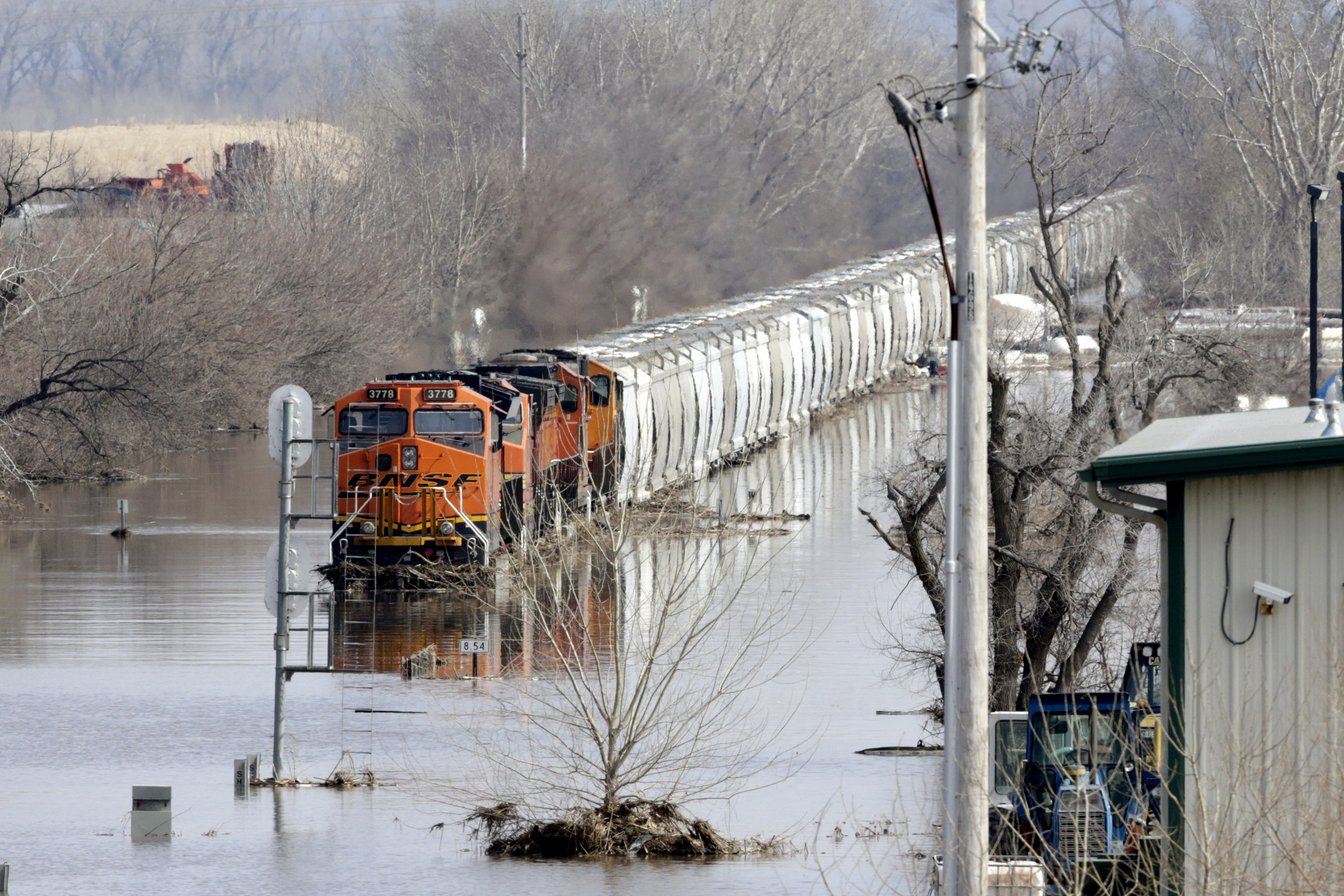 A BNSF train sits in flood waters from the Platte River, in Plattsmouth, Neb., Sunday, March 17, 2019. Hundreds of people remained out of their homes in Nebraska, but rivers there were starting to recede. The National Weather Service said the Elkhorn River remained at major flood stage but was dropping. (AP Photo/Nati Harnik) A BNSF train sits in flood waters from the Platte River, in Plattsmouth, Neb., Sunday, March 17, 2019. Hundreds of people remained out of their homes in Nebraska, but rivers there were starting to recede. The National Weather Service said the Elkhorn River remained at major flood stage but was dropping. (AP Photo/Nati Harnik)