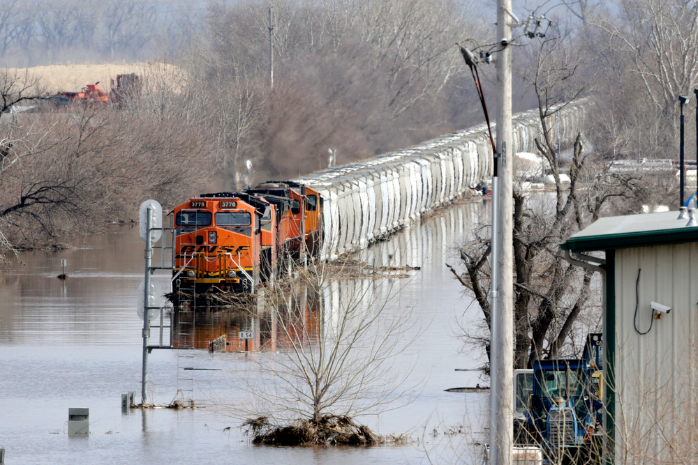 A BNSF train sits in flood waters from the Platte River, in Plattsmouth, Neb., Sunday, March 17, 2019. Hundreds of people remained out of their homes in Nebraska, but rivers there were starting to recede. The National Weather Service said the Elkhorn River remained at major flood stage but was dropping. (AP Photo/Nati Harnik) A BNSF train sits in flood waters from the Platte River, in Plattsmouth, Neb., Sunday, March 17, 2019. Hundreds of people remained out of their homes in Nebraska, but rivers there were starting to recede. The National Weather Service said the Elkhorn River remained at major flood stage but was dropping. (AP Photo/Nati Harnik)