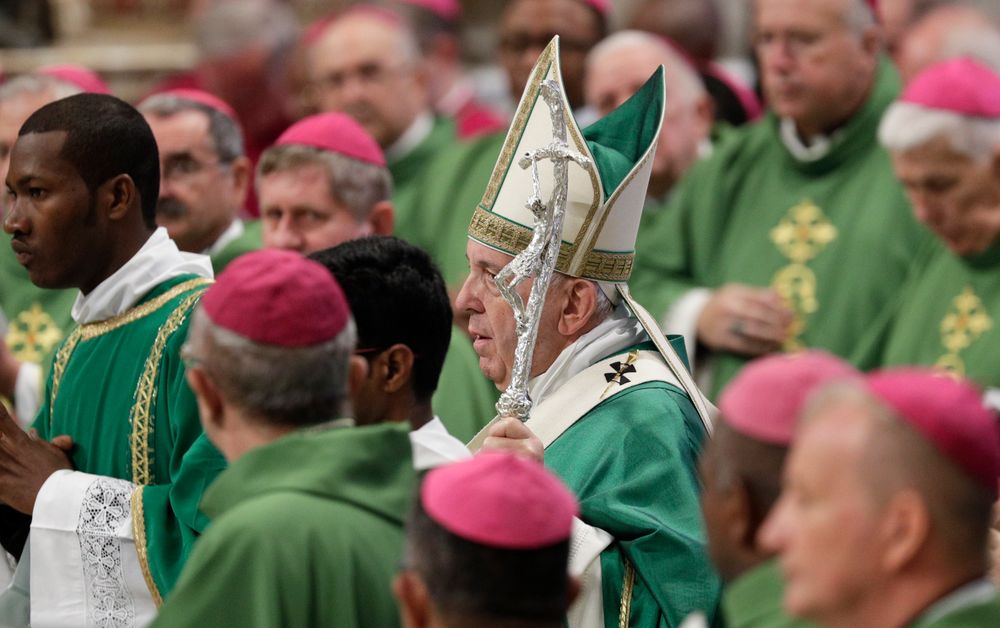 Pope Francis celebrates an opening Mass for the Amazon synod, in St. Peter's Basilica, at the Vatican, Sunday, Oct. 6, 2019. Pope Francis is opening a divisive meeting on preserving the Amazon and ministering to its indigenous peoples, as he fends off attacks from conservatives who are opposed to his ecological agenda.(AP Photo/Andrew Medichini) Pope Francis celebrates an opening Mass for the Amazon synod, in St. Peter's Basilica, at the Vatican, Sunday, Oct. 6, 2019. Pope Francis is opening a divisive meeting on preserving the Amazon and ministering to its indigenous peoples, as he fends off attacks from conservatives who are opposed to his ecological agenda.(AP Photo/Andrew Medichini)