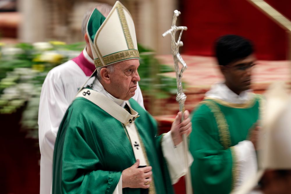Pope Francis leaves after celebrating an opening Mass for the Amazon synod, in St. Peter's Basilica, at the Vatican, Sunday, Oct. 6, 2019. Pope Francis urged bishops on Sunday to boldly shake up the status quo as they chart ways to better care for the Amazon and its indigenous peoples, amid threats from forest fires, development and what he called ideological Pope Francis leaves after celebrating an opening Mass for the Amazon synod, in St. Peter's Basilica, at the Vatican, Sunday, Oct. 6, 2019. Pope Francis urged bishops on Sunday to boldly shake up the status quo as they chart ways to better care for the Amazon and its indigenous peoples, amid threats from forest fires, development and what he called ideological