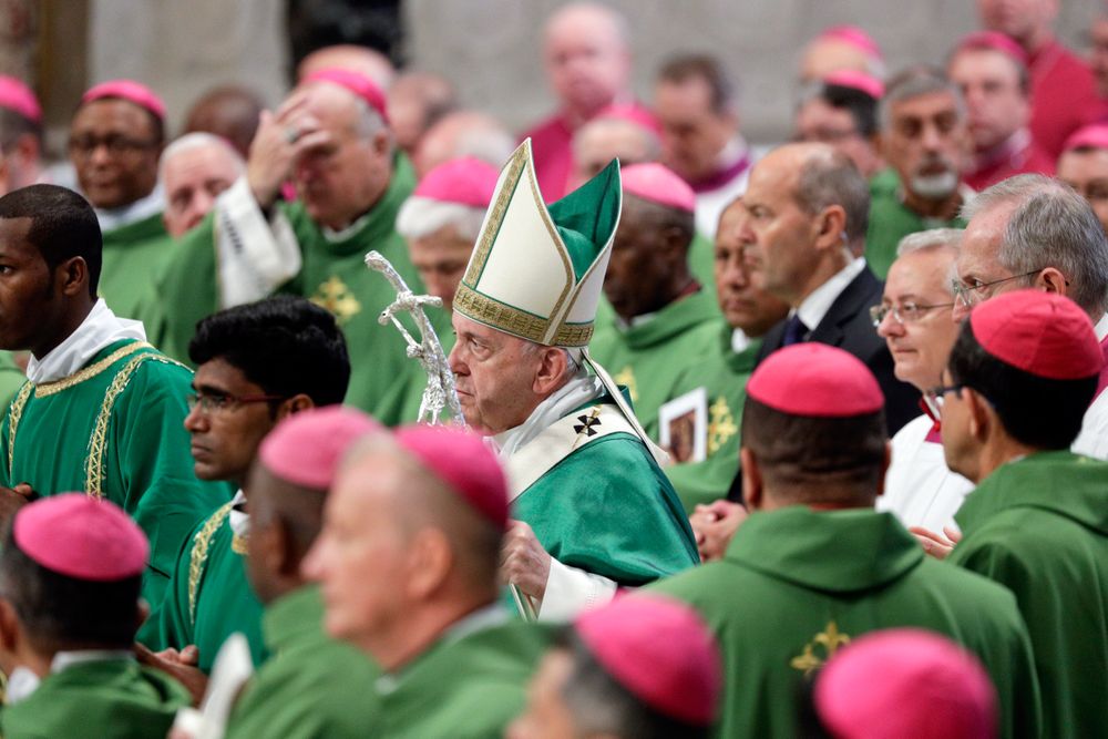 Pope Francis celebrates an opening Mass for the Amazon synod, in St. Peter's Basilica, at the Vatican, Sunday, Oct. 6, 2019. Pope Francis is opening a divisive meeting on preserving the Amazon and ministering to its indigenous peoples, as he fends off attacks from conservatives who are opposed to his ecological agenda.(AP Photo/Andrew Medichini) Pope Francis celebrates an opening Mass for the Amazon synod, in St. Peter's Basilica, at the Vatican, Sunday, Oct. 6, 2019. Pope Francis is opening a divisive meeting on preserving the Amazon and ministering to its indigenous peoples, as he fends off attacks from conservatives who are opposed to his ecological agenda.(AP Photo/Andrew Medichini)