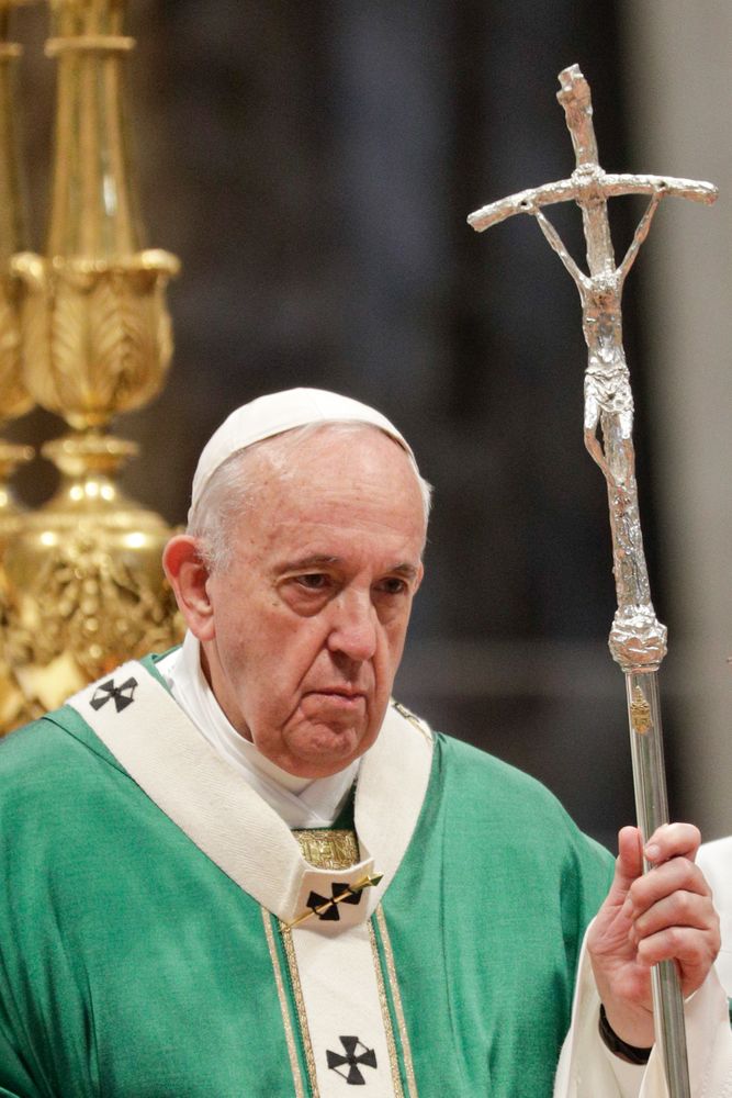 Pope Francis holds his pastoral staff as he celebrates an opening Mass for the Amazon synod, in St. Peter's Basilica, at the Vatican, Sunday, Oct. 6, 2019. Pope Francis is opening a divisive meeting on preserving the Amazon and ministering to its indigenous peoples, as he fends off attacks from conservatives who are opposed to his ecological agenda. (AP Photo/Andrew Medichini) Pope Francis holds his pastoral staff as he celebrates an opening Mass for the Amazon synod, in St. Peter's Basilica, at the Vatican, Sunday, Oct. 6, 2019. Pope Francis is opening a divisive meeting on preserving the Amazon and ministering to its indigenous peoples, as he fends off attacks from conservatives who are opposed to his ecological agenda. (AP Photo/Andrew Medichini)
