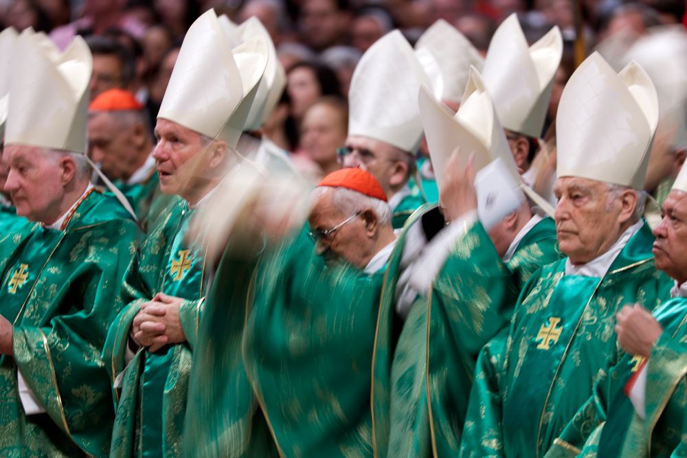 Prelates wear green vestments as they attend an opening Mass for the Amazon synod celebrated by Pope Francis, in St. Peter's Basilica, at the Vatican, Sunday, Oct. 6, 2019. Pope Francis urged bishops on Sunday to boldly shake up the status quo as they chart ways to better care for the Amazon and its indigenous peoples, amid threats from forest fires, development and what he called ideological Prelates wear green vestments as they attend an opening Mass for the Amazon synod celebrated by Pope Francis, in St. Peter's Basilica, at the Vatican, Sunday, Oct. 6, 2019. Pope Francis urged bishops on Sunday to boldly shake up the status quo as they chart ways to better care for the Amazon and its indigenous peoples, amid threats from forest fires, development and what he called ideological