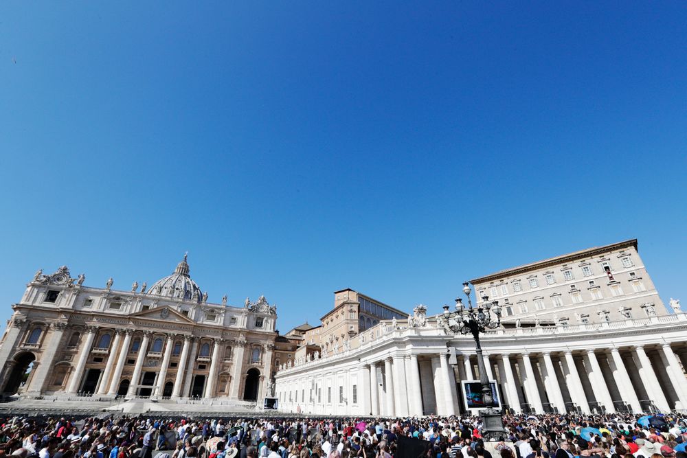 Pope Francis, top right, delivers his blessing during the Angelus noon prayer he recited from the window of his studio overlooking St. Peter's Square, at the Vatican, Sunday, Oct. 6, 2019. The pontiff earlier in the morning celebrated in St. Peter's Basilica an opening Mass for the Amazon synod. (AP Photo/Andrew Medichini) Pope Francis, top right, delivers his blessing during the Angelus noon prayer he recited from the window of his studio overlooking St. Peter's Square, at the Vatican, Sunday, Oct. 6, 2019. The pontiff earlier in the morning celebrated in St. Peter's Basilica an opening Mass for the Amazon synod. (AP Photo/Andrew Medichini)
