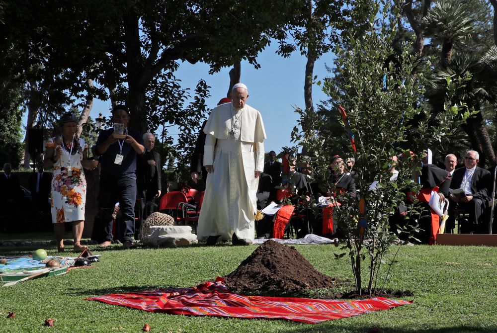 Pope Francis walks towards an newly-planted oak tree during a tree-planting ceremony on the occasion of the feast of St. Francis of Assisi, the patron saint of ecology, at the Vatican, Friday, Oct. 4, 2019. The ceremony takes place two days before a Synod of bishops on the Pan-Amazon region opens at the Vatican to address the ecological, social and spiritual needs of indigenous peoples in the Amazon. (AP Photo/Alessandra Tarantino) Pope Francis walks towards an newly-planted oak tree during a tree-planting ceremony on the occasion of the feast of St. Francis of Assisi, the patron saint of ecology, at the Vatican, Friday, Oct. 4, 2019. The ceremony takes place two days before a Synod of bishops on the Pan-Amazon region opens at the Vatican to address the ecological, social and spiritual needs of indigenous peoples in the Amazon. (AP Photo/Alessandra Tarantino)