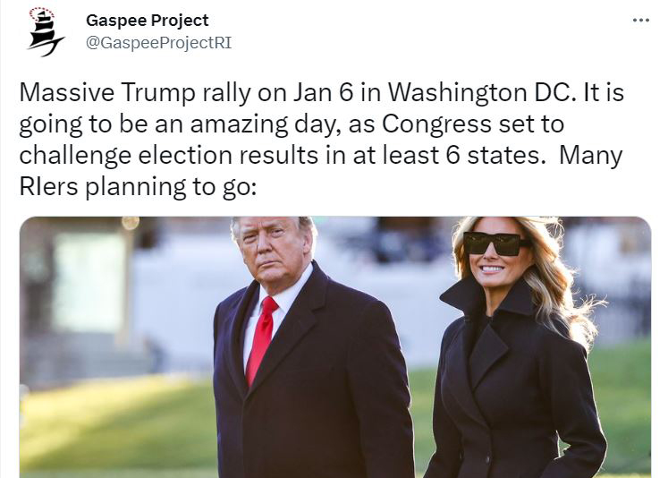 A tweet from The Gaspee Project dated Dec. 28, 2020, promotes the January 6th rally that would turn into an attack on the U.S. Capitol as 