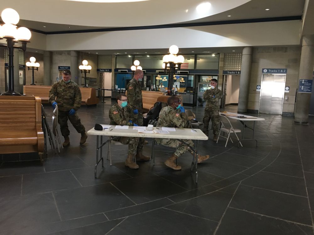 National Guard soldiers at the Providence train station, March 27, 2020.