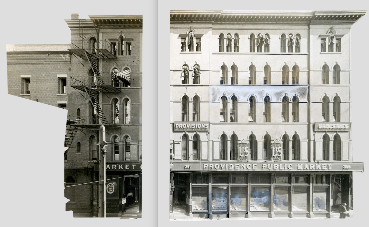 Facade and side of Barstow Block & Public Market modified from old photograph, unskewed and prepped for 3D rendering