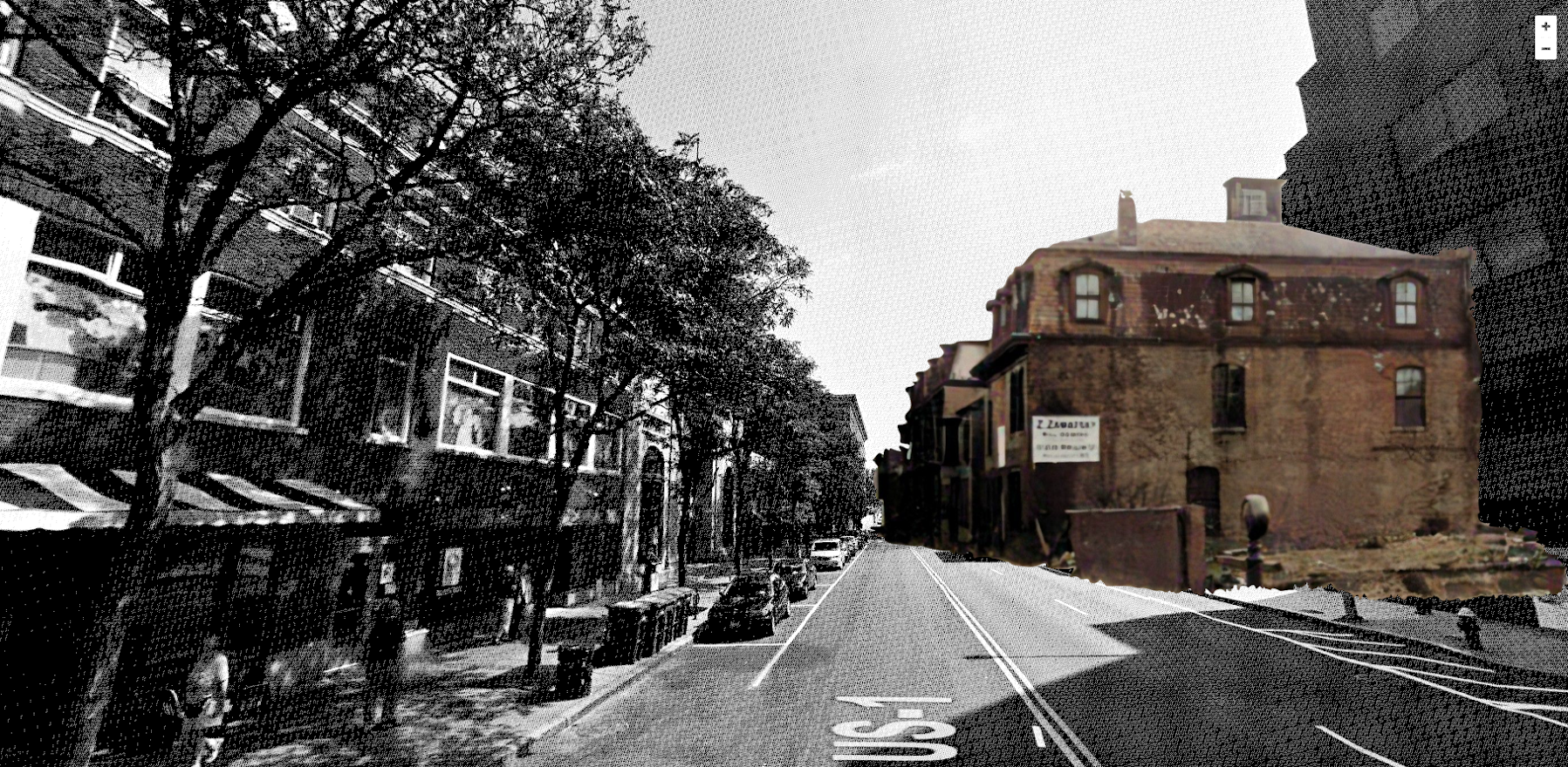 Empire Street as it is today on the left, with Chinese Merchants Assoc. building superimposed on the right