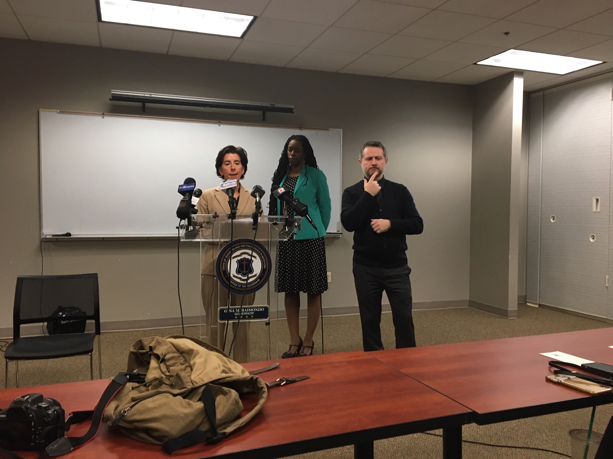 Governor Gina Raimondo speaks to reporters about the state's efforts to contain the coronavirus, March 5, 2020.